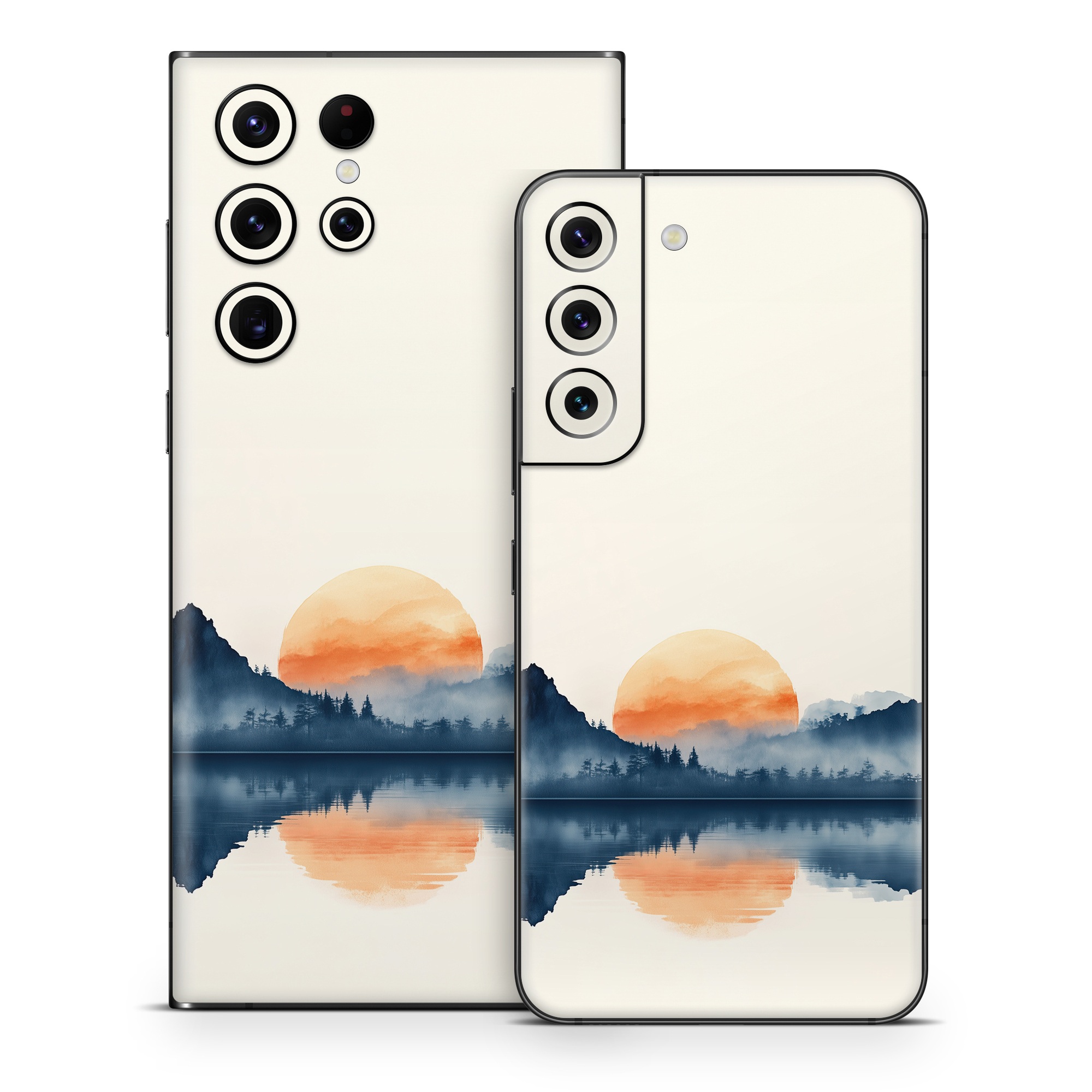 Samsung Galaxy S22 Series Skin design of Water, Water resources, Sky, Mountain, Natural landscape, Lake, Atmospheric phenomenon, Landscape, Horizon, Afterglow, with black, blue, white, gray, yellow, orange, red colors