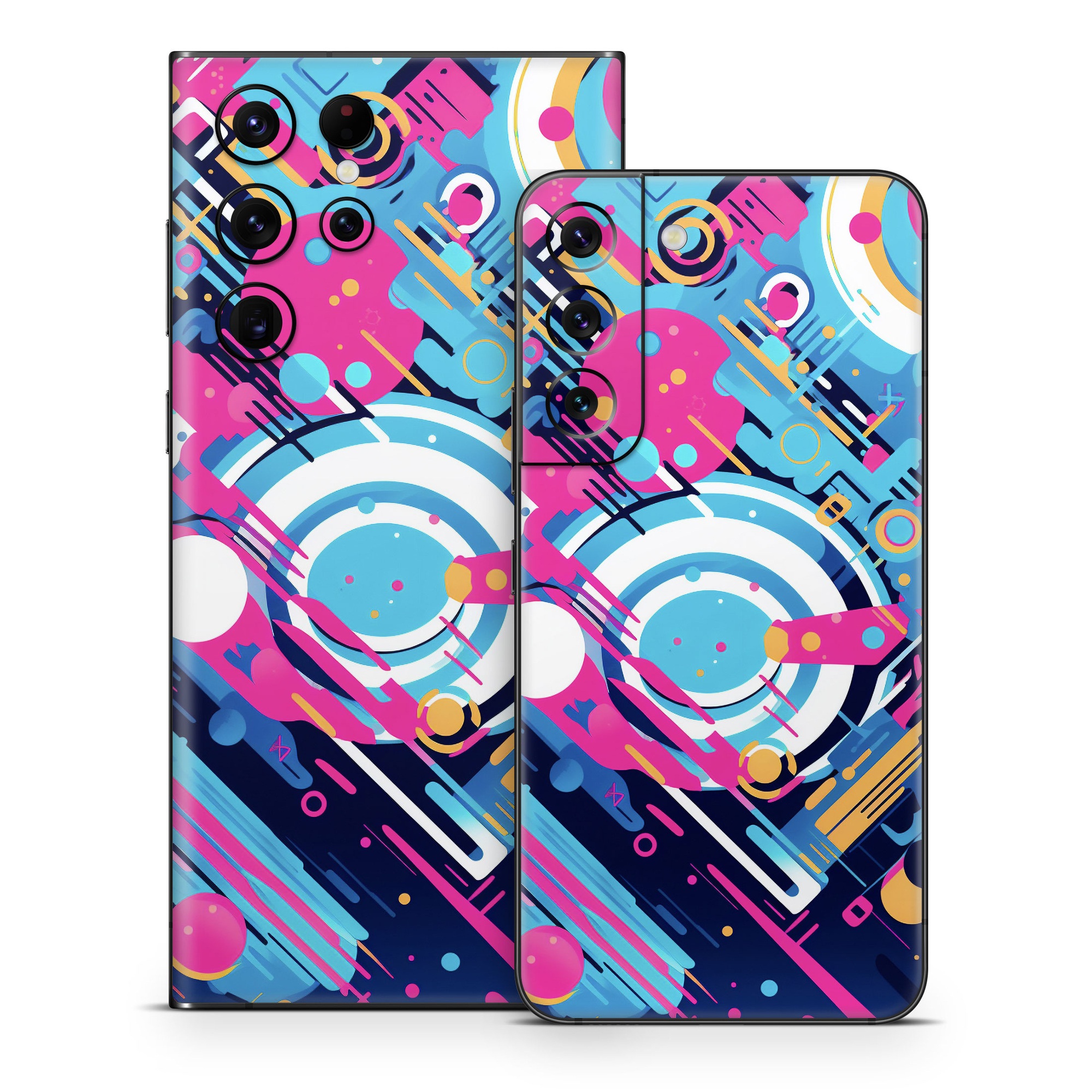 Samsung Galaxy S22 Series Skin design of Colorfulness, Font, Line, Material property, Art, Magenta, Pattern, Electric blue, Circle, Graphics, with blue, pink, black, white, orange colors