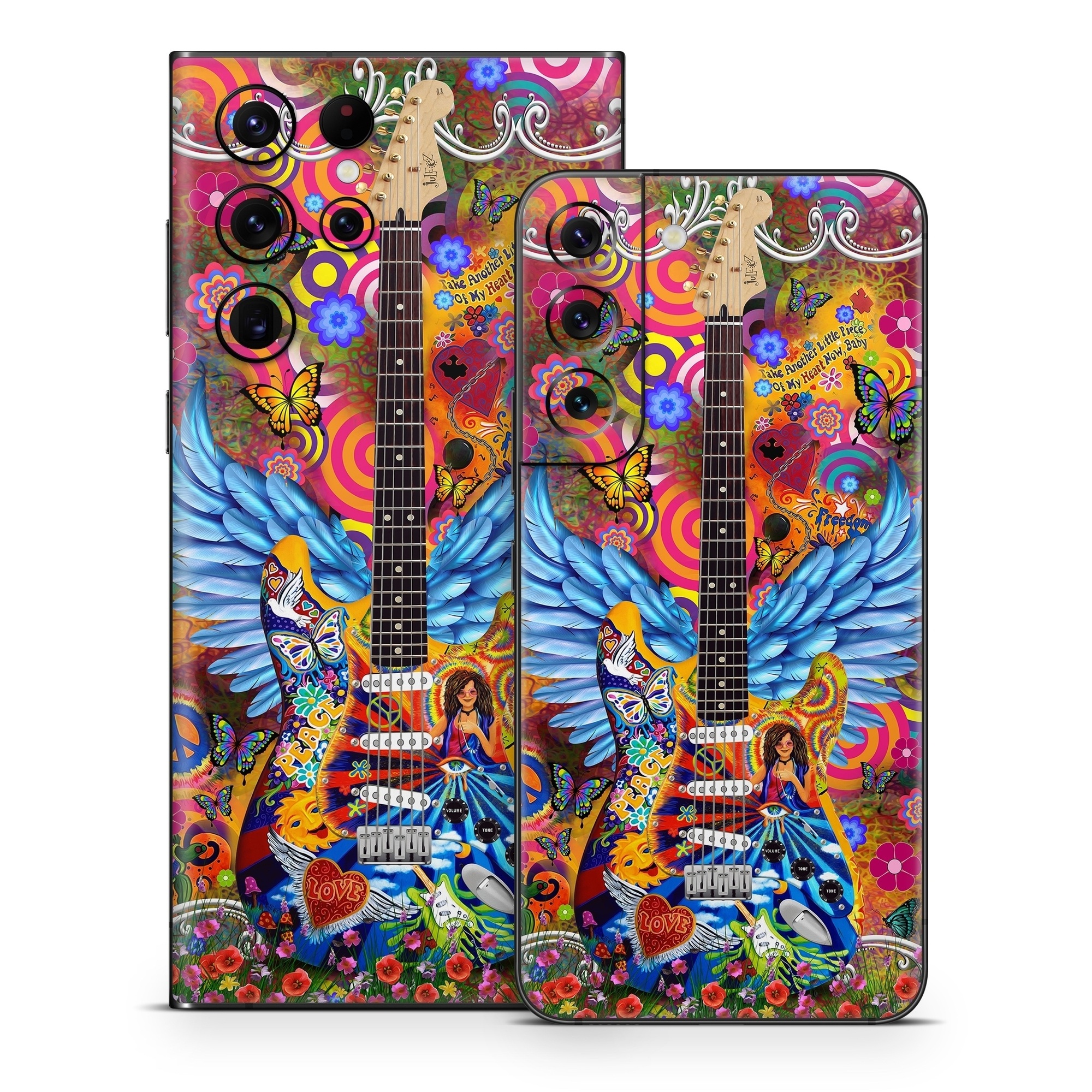 Samsung Galaxy S22 Series Skin design of Musical instrument, Guitar, Guitar accessory, Textile, Organism, String instrument, Plucked string instruments, String instrument accessory, Art, Font, with red, yellow, orange, pink, black, white, blue, brown, green colors