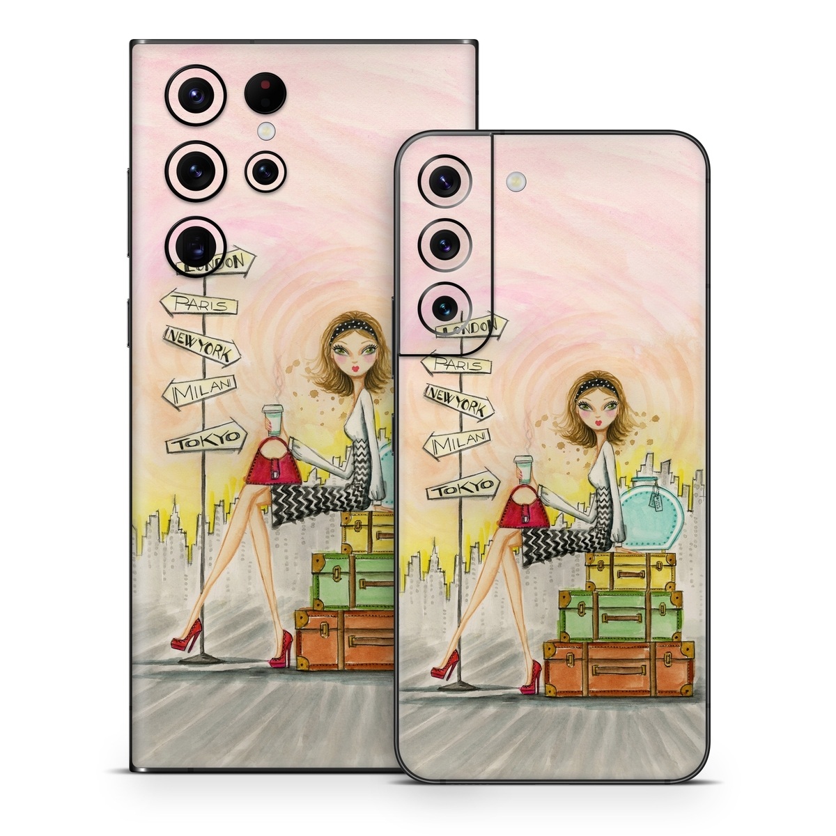 Samsung Galaxy S22 Series Skin design of Cartoon, Illustration, Art, Watercolor paint, with gray, pink, green, red, black colors