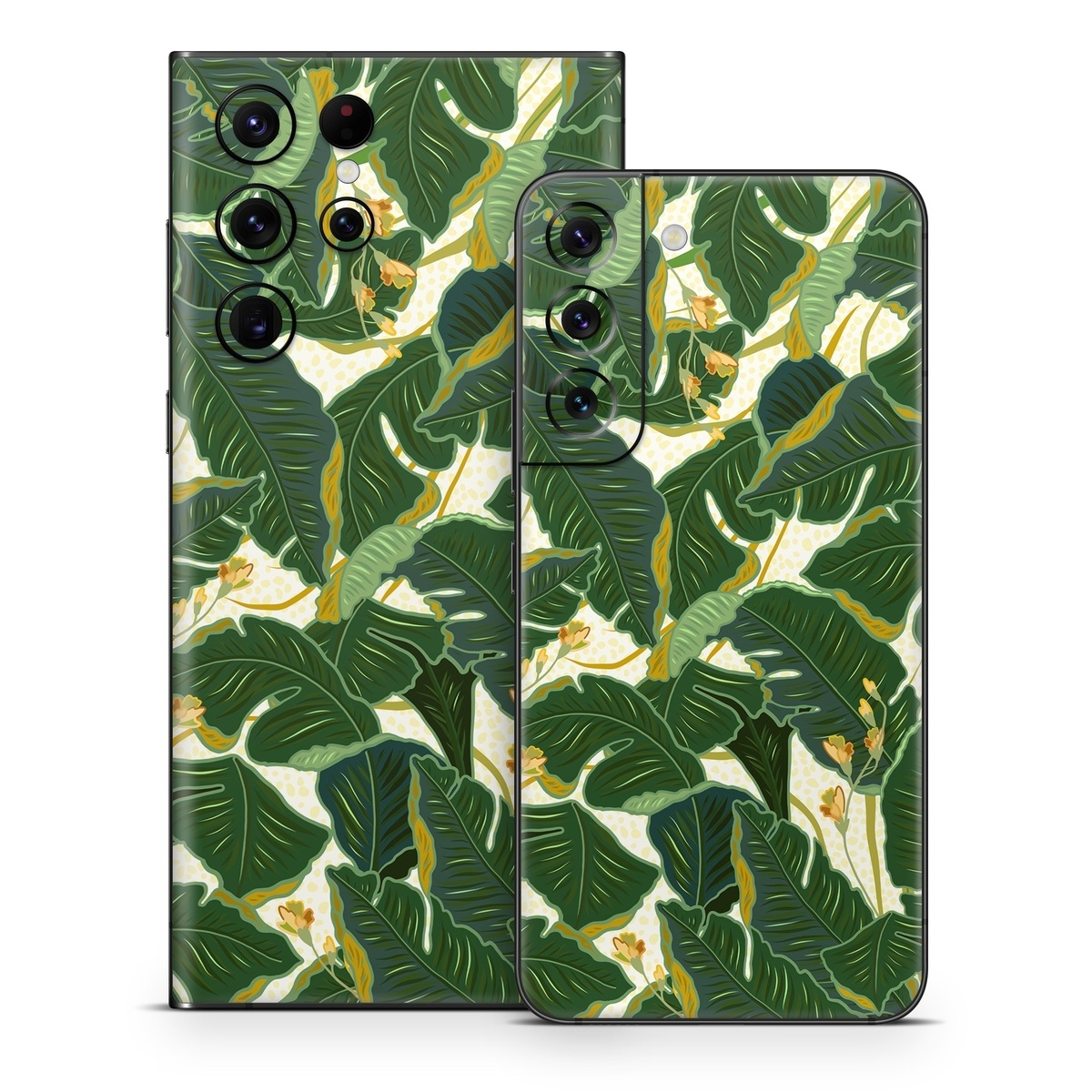 Samsung Galaxy S22 Series Skin design of Leaf, Plant, Flower, Pattern, Botany, Tree, Design, Flowering plant, Arrowroot family, Terrestrial plant, with green, yellow colors