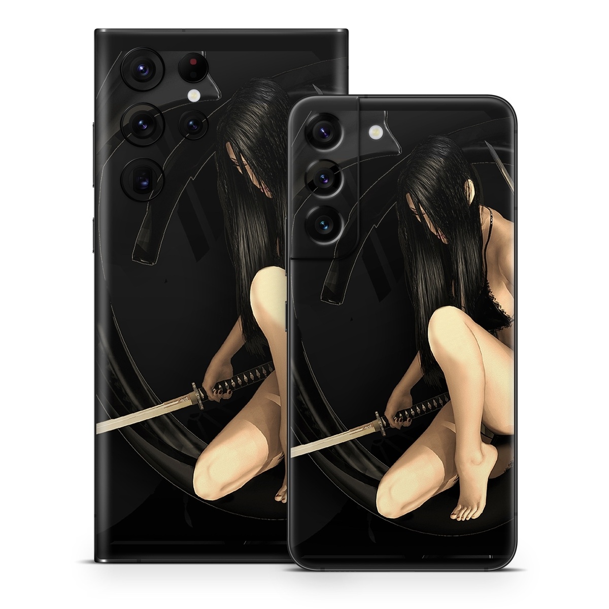 Samsung Galaxy S22 Series Skin design of Black, Photography, Leg, Black hair, Cg artwork, Darkness, Fetish model, Sitting, Flash photography, with black, yellow, gray, white colors