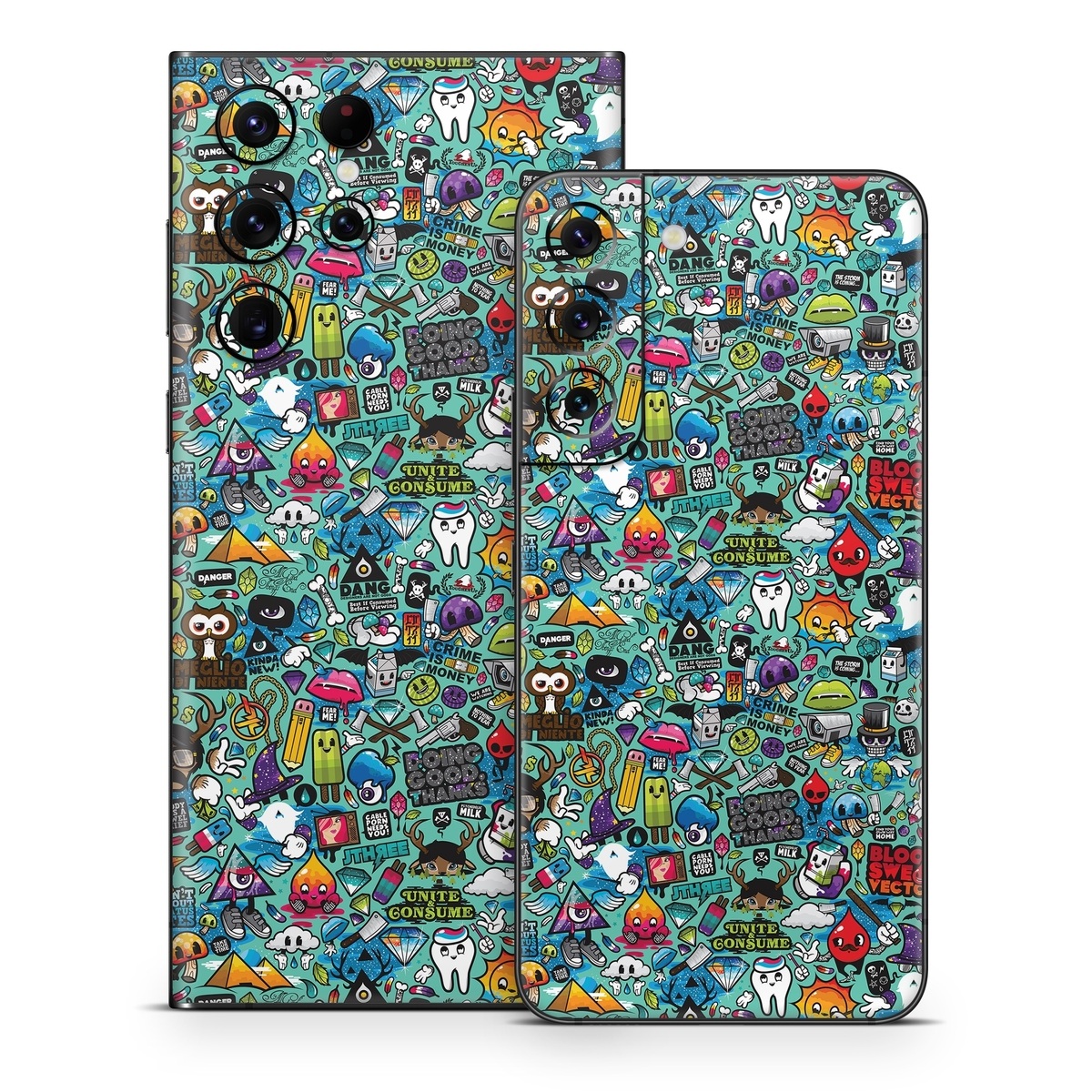 Samsung Galaxy S22 Series Skin design of Cartoon, Art, Pattern, Design, Illustration, Visual arts, Doodle, Psychedelic art, with black, blue, gray, red, green colors