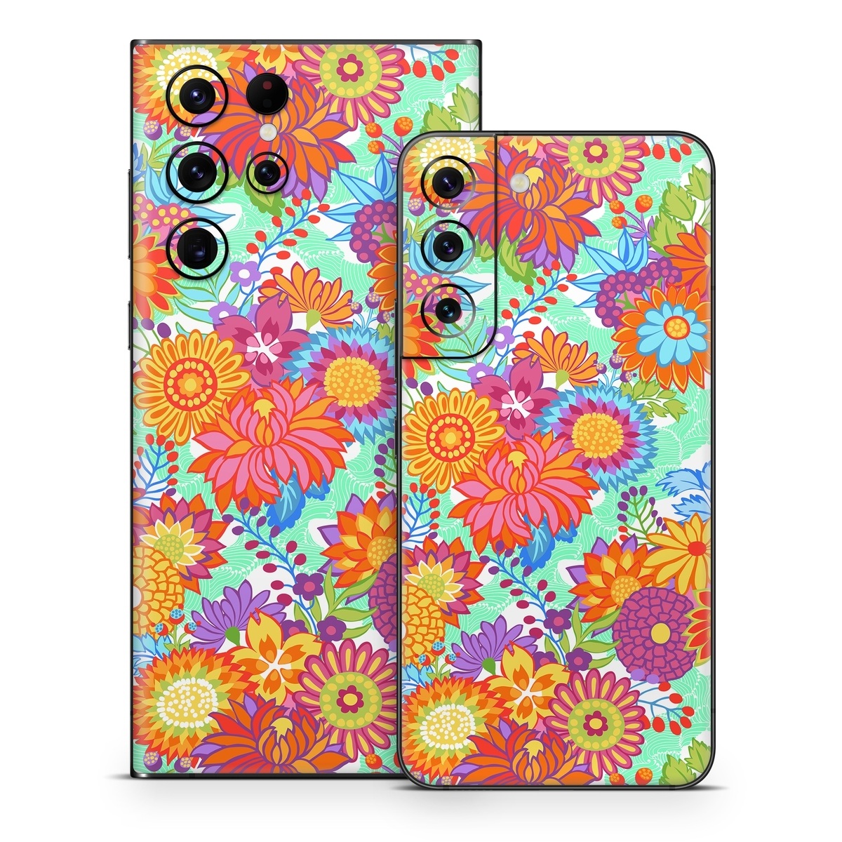 Samsung Galaxy S22 Series Skin design of Pattern, Floral design, Orange, Flower, Design, Textile, Plant, Wildflower, Wrapping paper, Visual arts, with gray, orange, green, purple colors