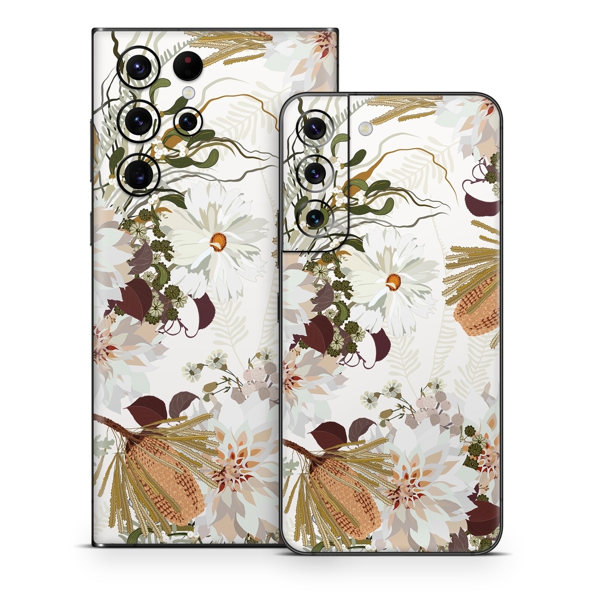 Samsung Galaxy S22 Series Skin design of Flower, Botany, Plant, Floral design, Wildflower, Pattern, Wallpaper, Textile, Petal, Butterfly, with white, brown, green, gray colors