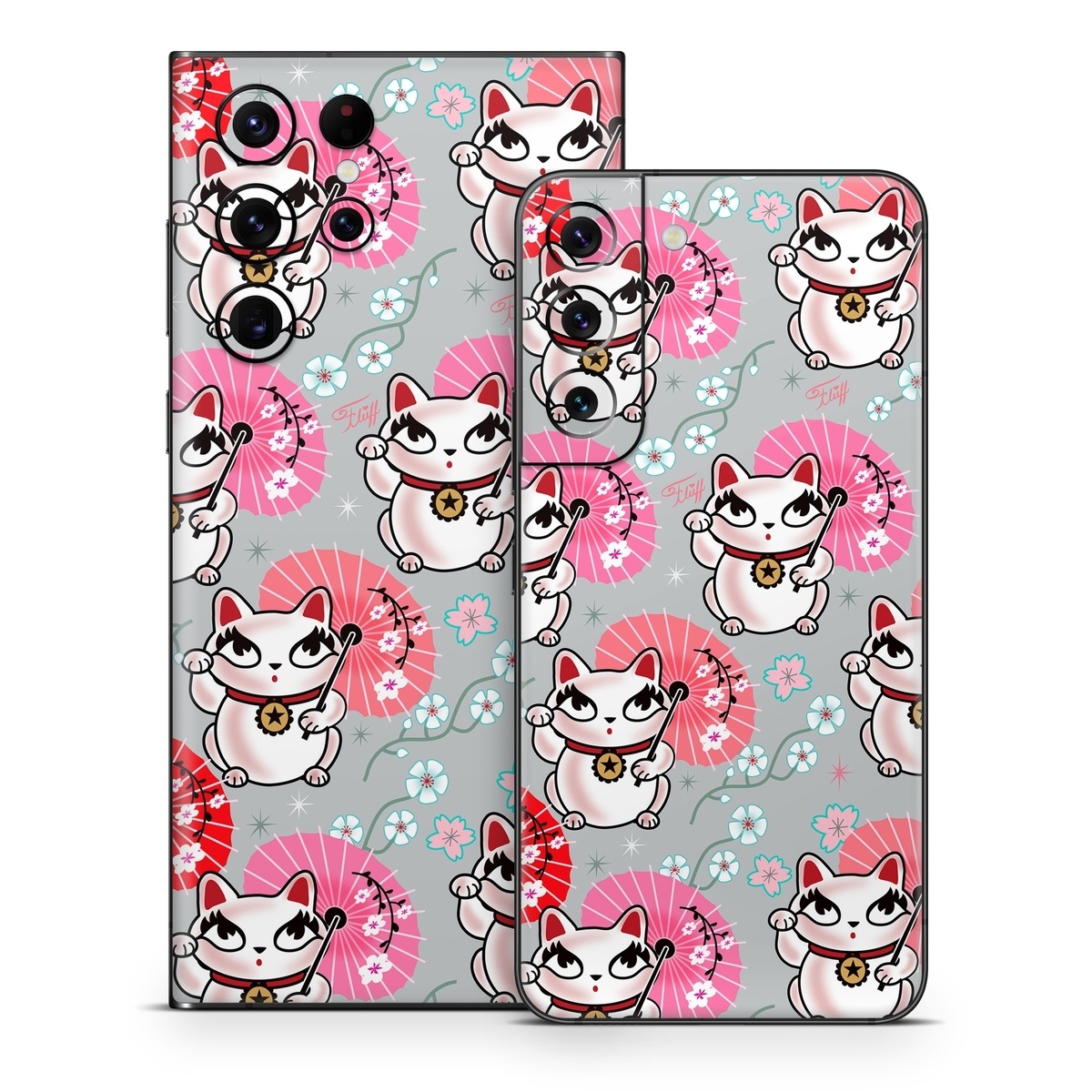 Samsung Galaxy S22 Series Skin design of Pink, Red, Cartoon, Design, Line, Textile, Pattern, Illustration, Smile, Fictional character, with white, red, pink, gray, blue, black colors