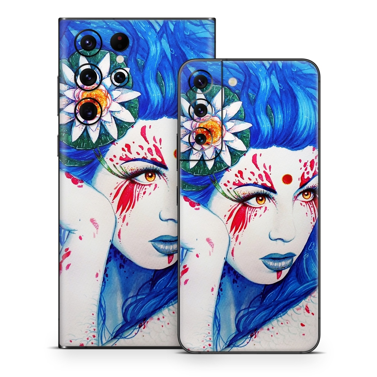 Samsung Galaxy S22 Series Skin design of Hairstyle, Paint, Art paint, Blue, Painting, Eyelash, Art, Artist, Electric blue, Illustration, with white, blue, red, yellow, green, orange colors