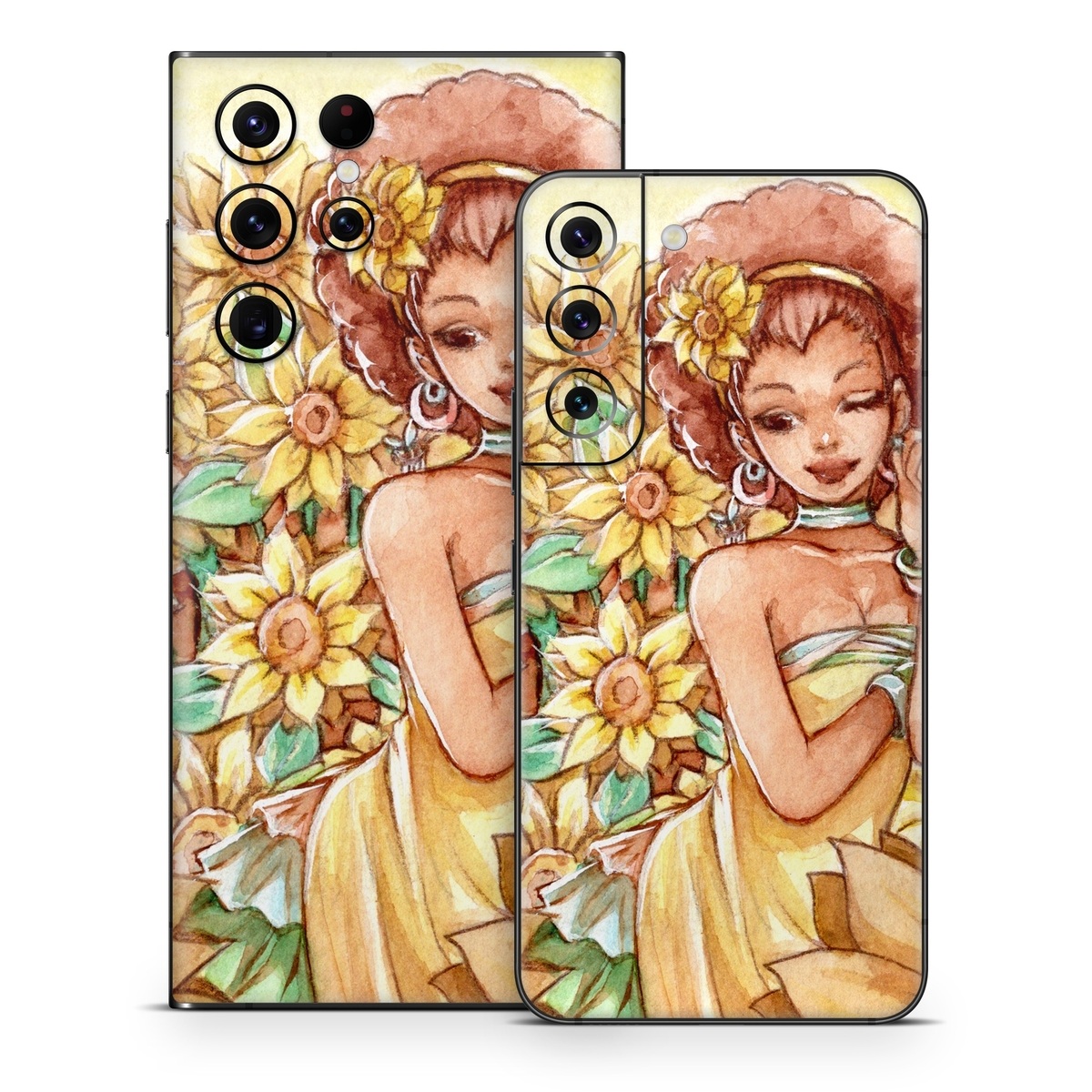 Samsung Galaxy S22 Series Skin design of Painting, Illustration, Art, Fictional character, Plant, Flower, Clip art, with yellow, orange, brown, green colors