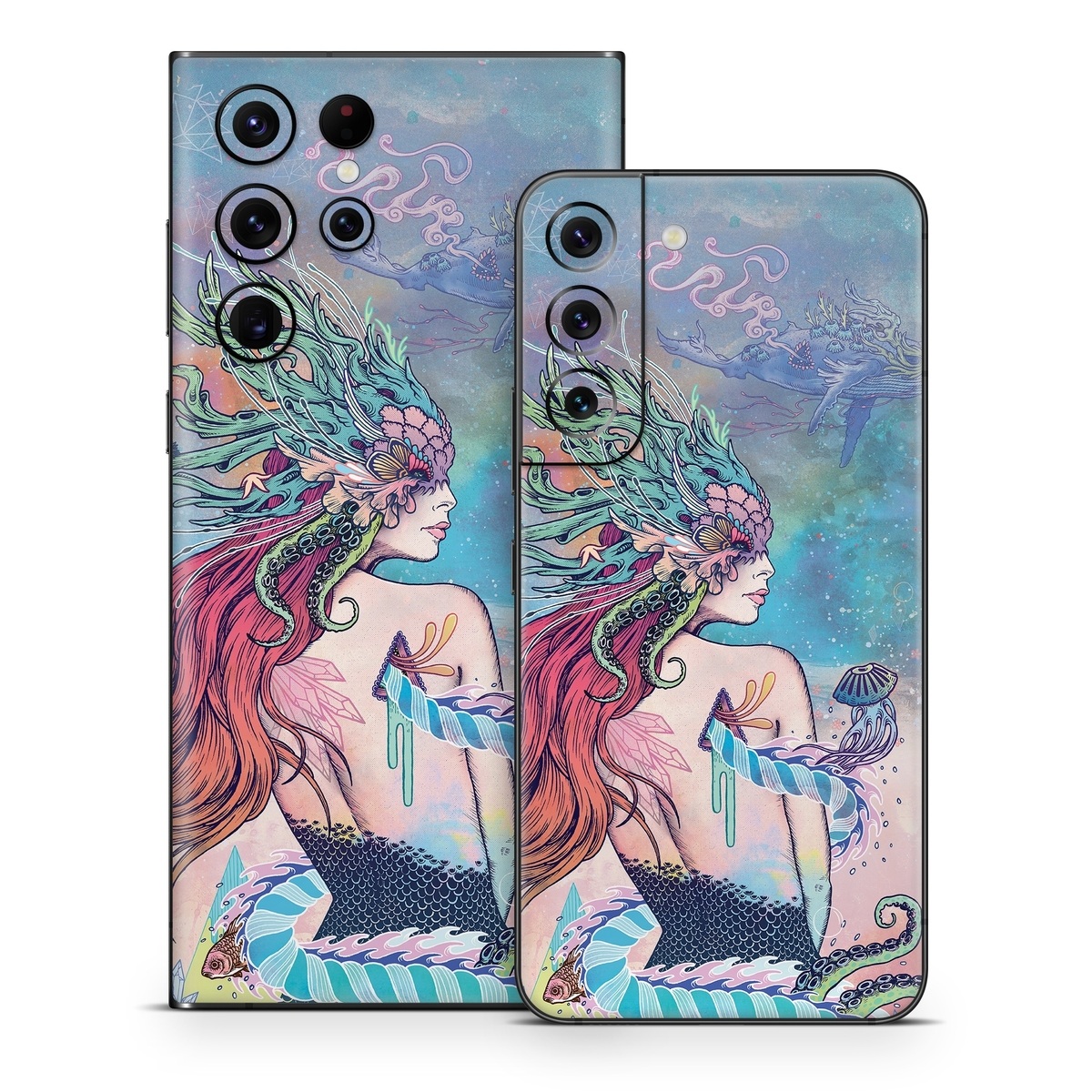 Samsung Galaxy S22 Series Skin design of Illustration, Fictional character, Art, Cg artwork, Fiction, Mythology, Painting, Mermaid, with blue, purple, green, red, yellow, pink colors