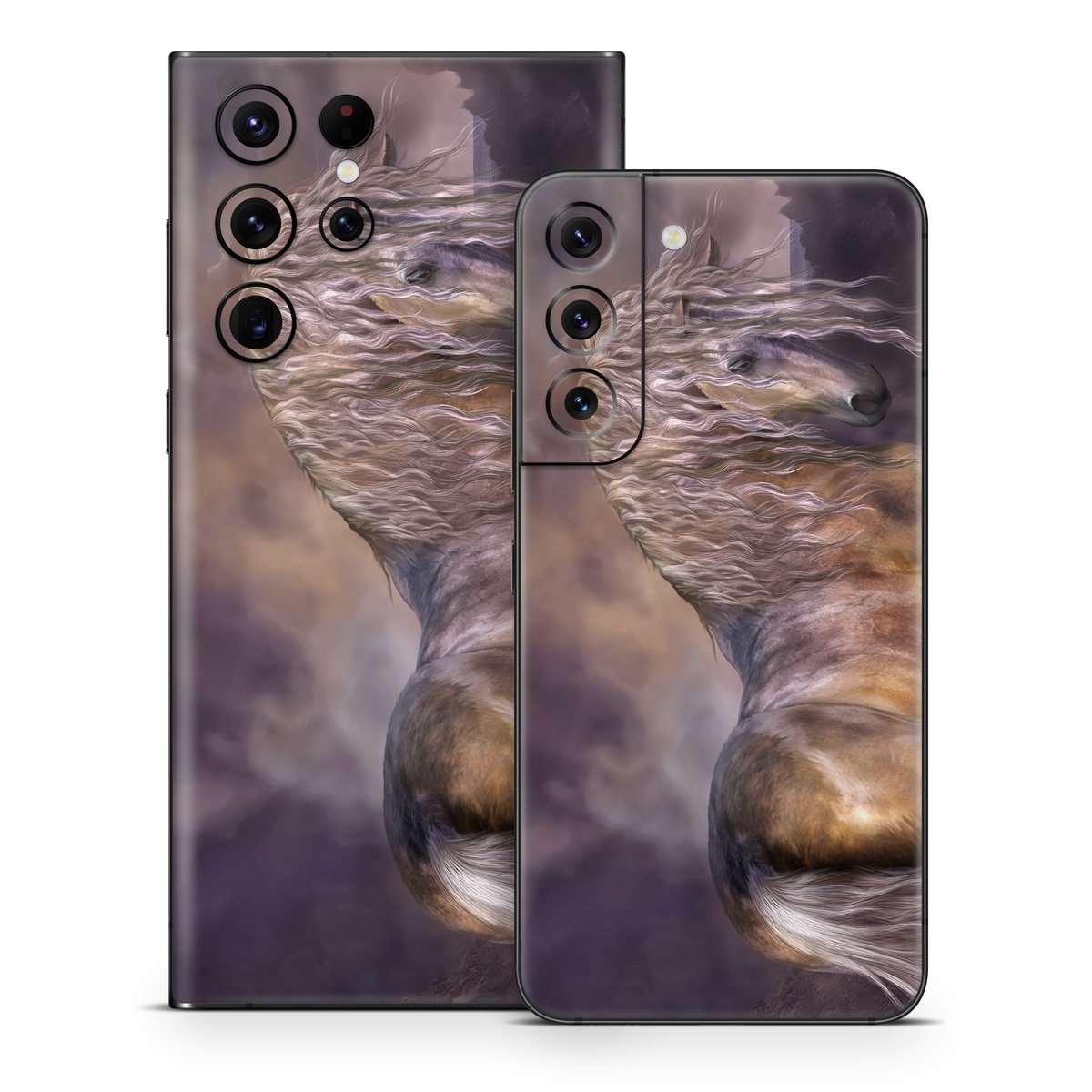 Samsung Galaxy S22 Series Skin design of Horse, Mane, Stallion, Mustang horse, Fictional character, Mare, Painting, Wildlife, Mythical creature, with black, gray, red, blue, green colors