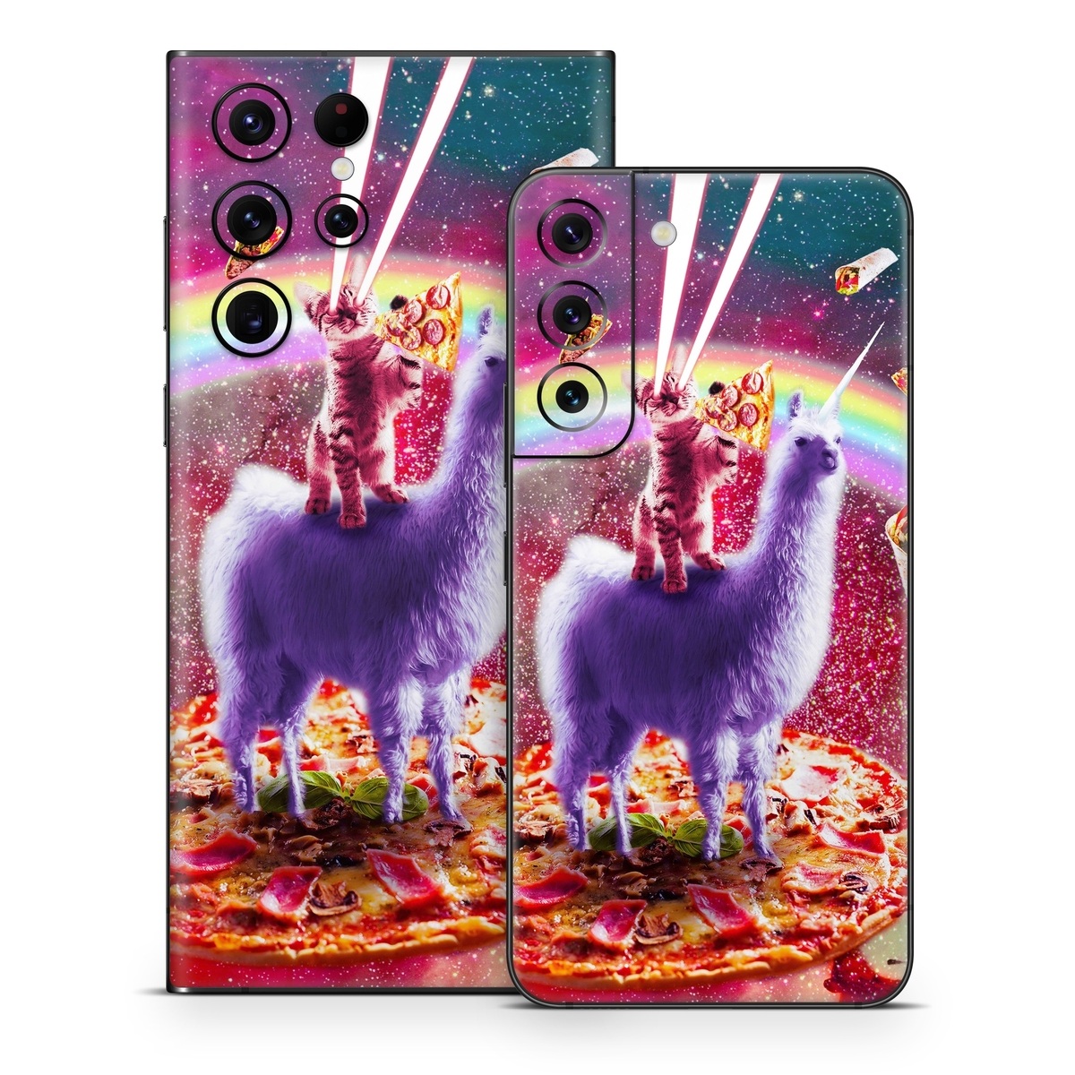 Samsung Galaxy S22 Series Skin design of Llama, Unicorn, Fictional character, Illustration, Graphic design, Livestock, Camelid, Mythical creature, Graphics, Art, with red, white, yellow, gray, purple, blue, green colors
