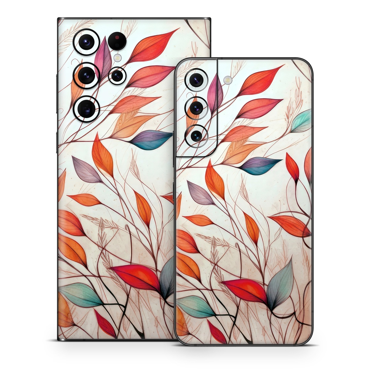 Samsung Galaxy S22 Series Skin design of Plant, Vertebrate, Art paint, Nature, Botany, Leaf, Branch, Twig, Textile, Orange, with yellow, orange, red, white, brown, blue colors