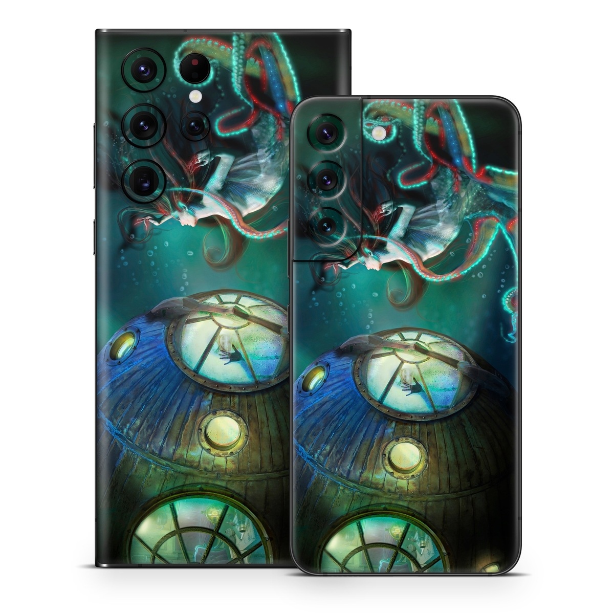 Samsung Galaxy S22 Series Skin design of Cg artwork, Illustration, Art, Fictional character, Fiction, Space, Fractal art, Graphic design, Mythology, Graphics, with black, gray, blue, green colors