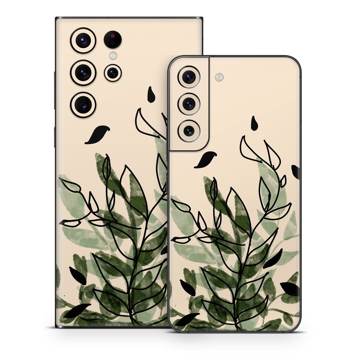Samsung Galaxy S22 Series Skin design of Leaf, Plant, Botany, Branch, Flower, Plant Stem, Pedicel, Twig, Illustration, with green, black, brown colors