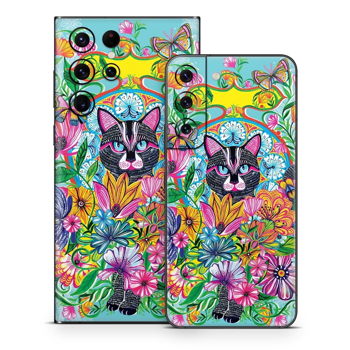 Samsung Galaxy S22 Series Skin design of Visual arts, Art, Plant, Illustration, Pattern, Floral design, Flower, Wildflower, with white, blue, pink, black, green, yellow colors
