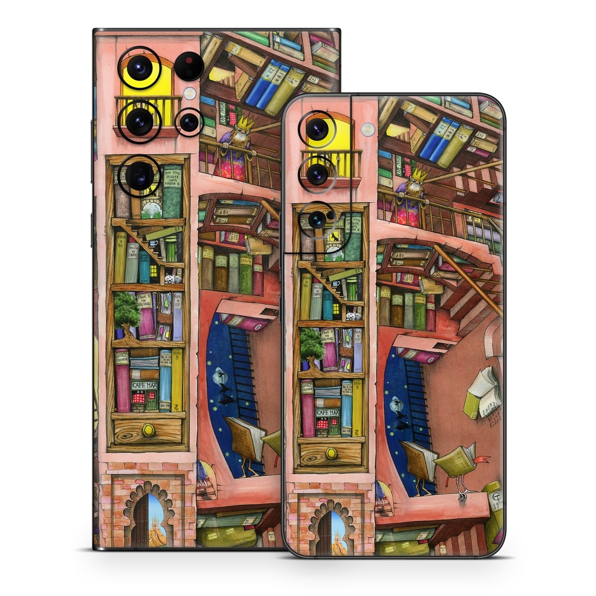 Samsung Galaxy S22 Series Skin design of Cartoon, Building, Art, Architecture, Design, Fun, Retail, Illustration, Neighbourhood, Room, with pink, yellow, blue, red, orange, brown colors