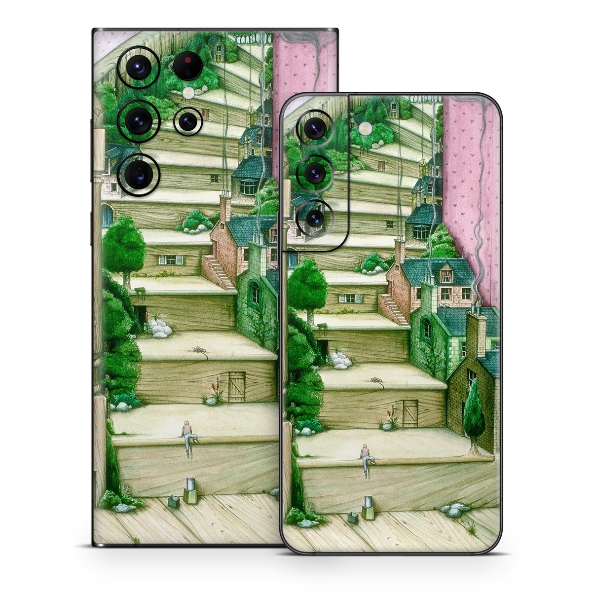 Samsung Galaxy S22 Series Skin design of Green, Stairs, House, Watercolor paint, Home, Illustration, Building, Wood, Plant, Sketch, with pink, green, brown colors