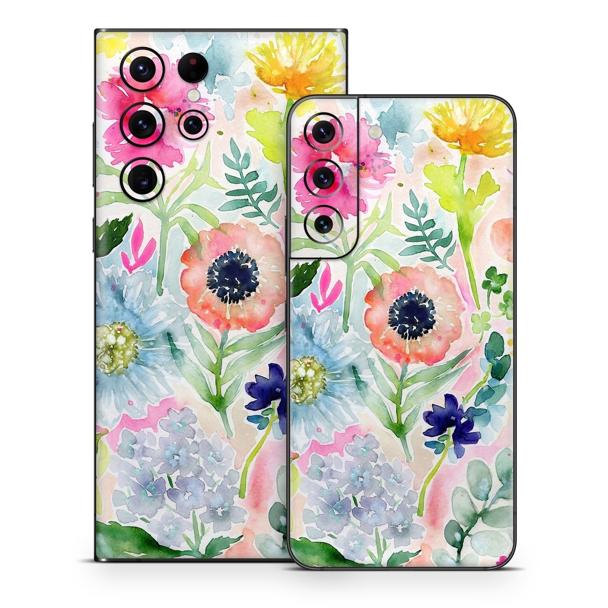 Samsung Galaxy S22 Series Skin design of Flower, Watercolor paint, Plant, Flowering plant, Pattern, Floral design, Botany, Petal, Wildflower, Design, with green, pink, yellow, orange, blue, red, purple colors