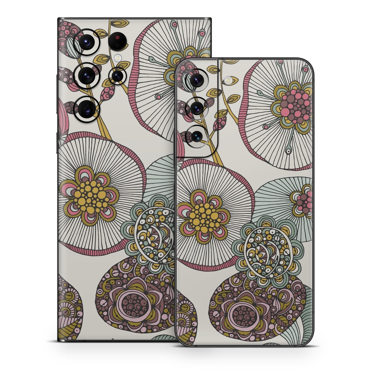 Samsung Galaxy S22 Series Skin design of Pattern, Textile, Botany, Visual arts, Motif, Design, Needlework, Circle, Floral design, with gray, pink, green, blue, purple colors