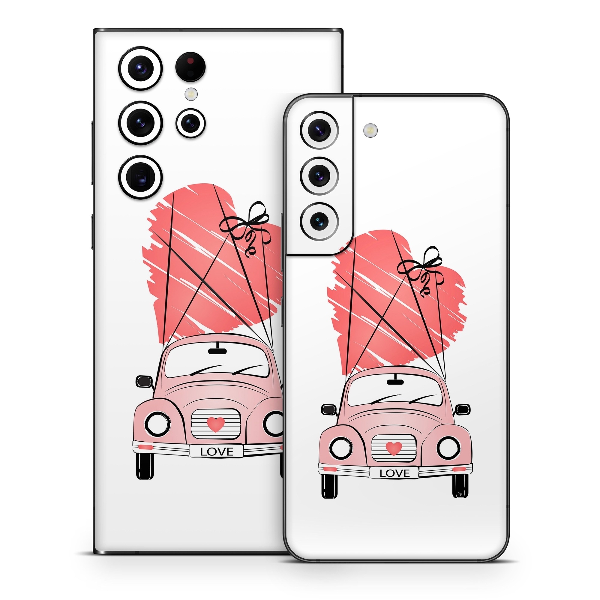 Samsung Galaxy S22 Series Skin design of Land vehicle, Wheel, Vehicle, Tire, Hood, Automotive lighting, Car, Motor vehicle, Kit car, Cartoon, with white, pink, black, red colors