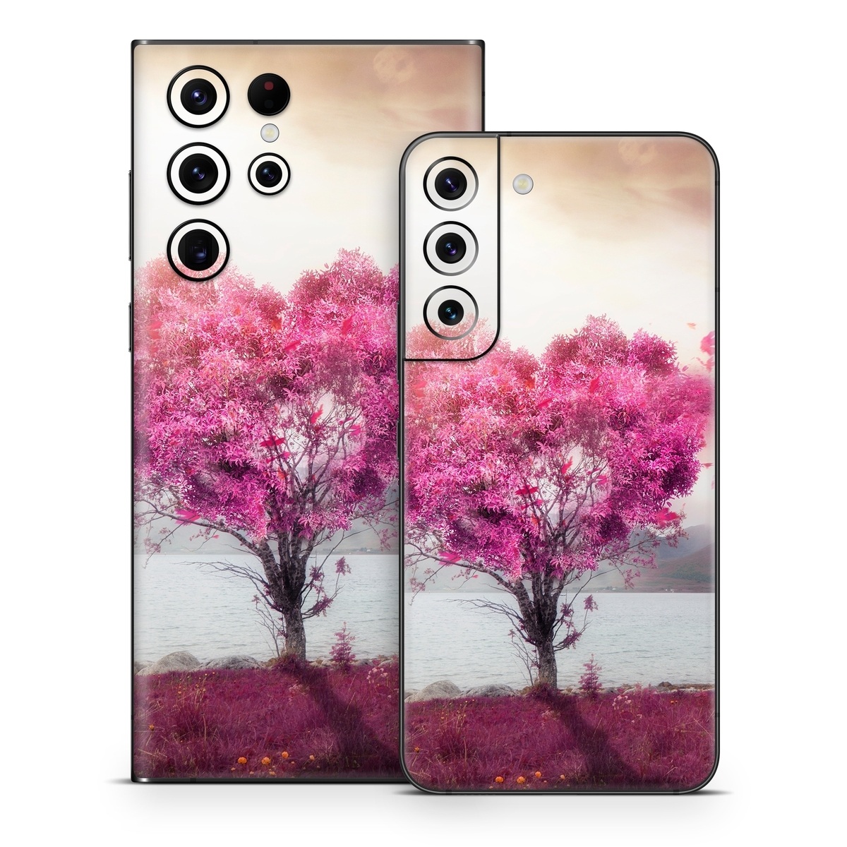 Samsung Galaxy S22 Series Skin design of Sky, Nature, Natural landscape, Pink, Tree, Spring, Purple, Landscape, Cloud, Magenta, with pink, yellow, blue, black, gray colors