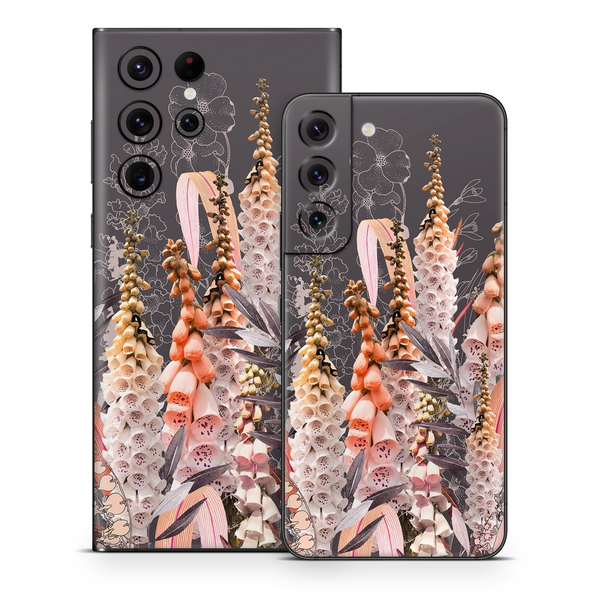 Samsung Galaxy S22 Series Skin design of Flower, Plant, Foxtail lily, Botany, Plant stem, Illustration, Broomrape, with brown, pink, white, yellow, orange colors