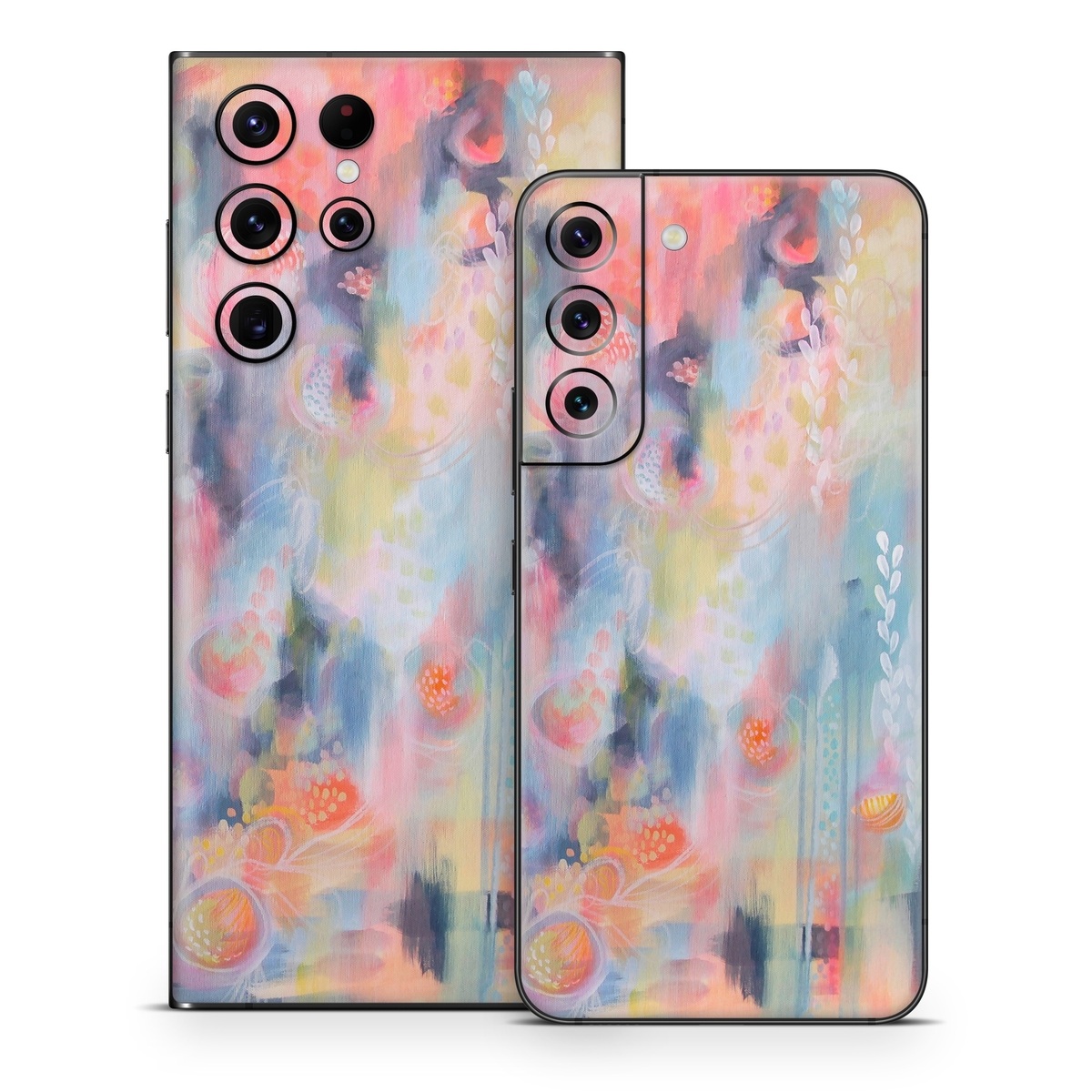 Samsung Galaxy S22 Series Skin design of Painting, Watercolor paint, Modern art, Acrylic paint, Art, Visual arts, Paint, Artwork, Dye, with blue, pink, orange, yellow, red, white colors