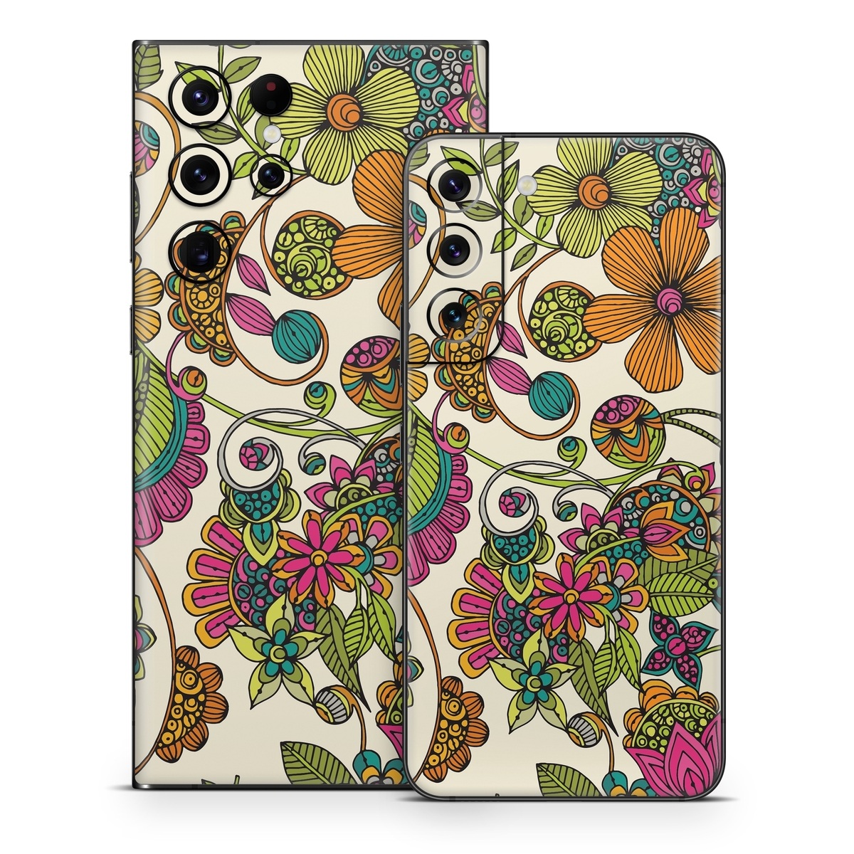 Samsung Galaxy S22 Series Skin design of Pattern, Floral design, Motif, Design, Visual arts, Botany, Pedicel, Flower, Plant, Textile, with green, pink, orange, blue colors