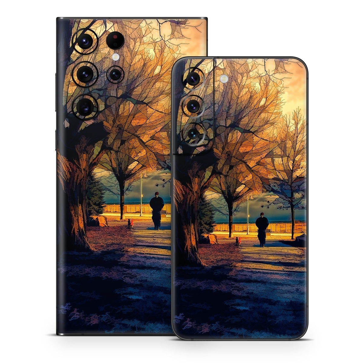 Samsung Galaxy S22 Series Skin design of Sky, Nature, Natural landscape, Tree, Cloud, Sunset, Evening, Morning, Sunrise, Horizon, with black, brown, yellow, orange, blue colors