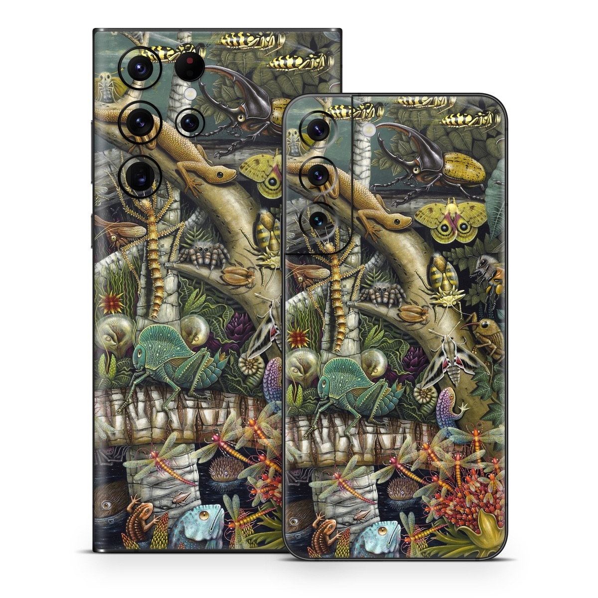 Samsung Galaxy S22 Series Skin design of Strategy video game, Mythology, Art, Games, Plant, Painting, Adventure game, Jungle, Fictional character, Nepenthes, with green, brown, red, yellow, gray, blue, white colors