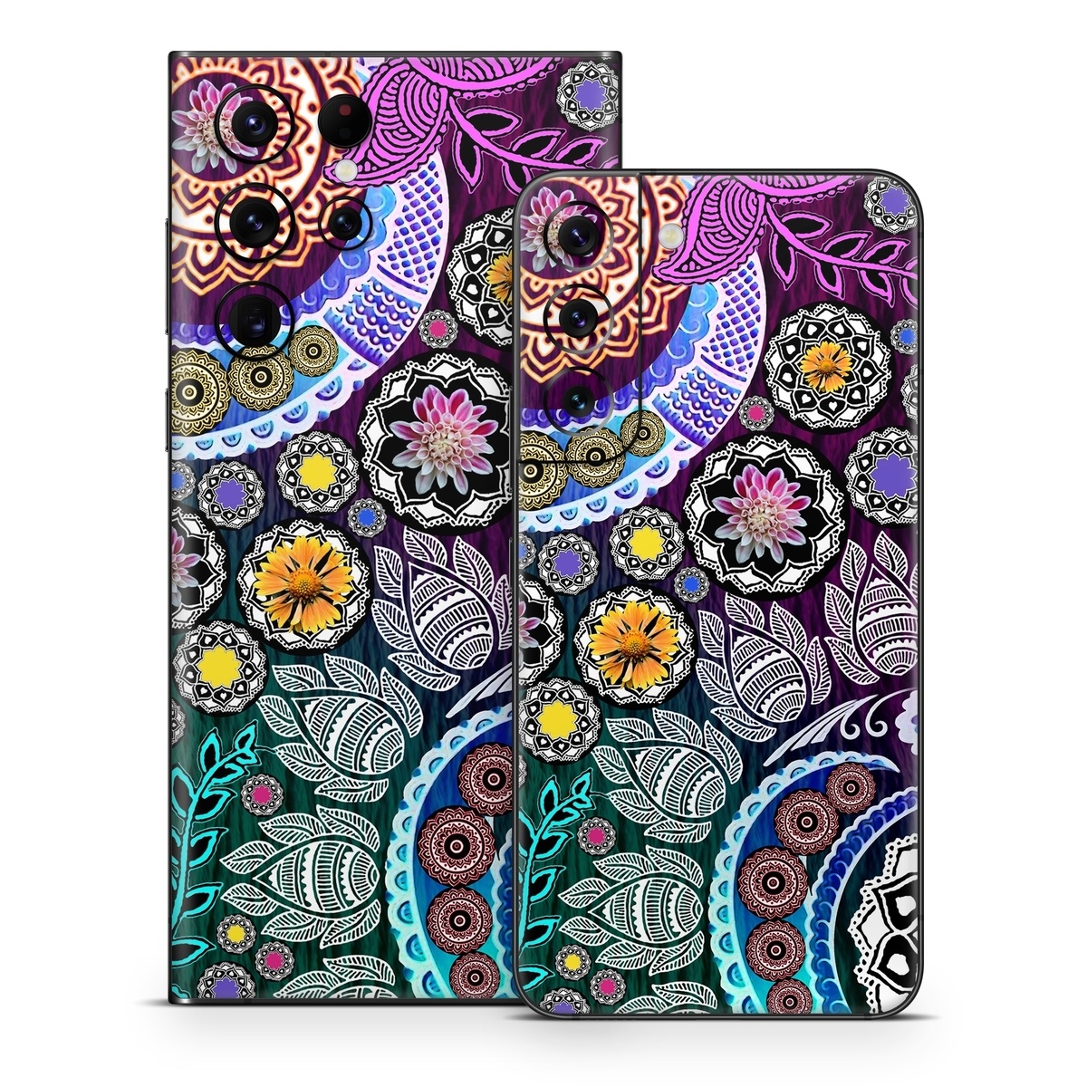 Samsung Galaxy S22 Series Skin design of Pattern, Psychedelic art, Art, Visual arts, Design, Floral design, Textile, Motif, Circle, Illustration, with black, gray, purple, blue, green, red colors