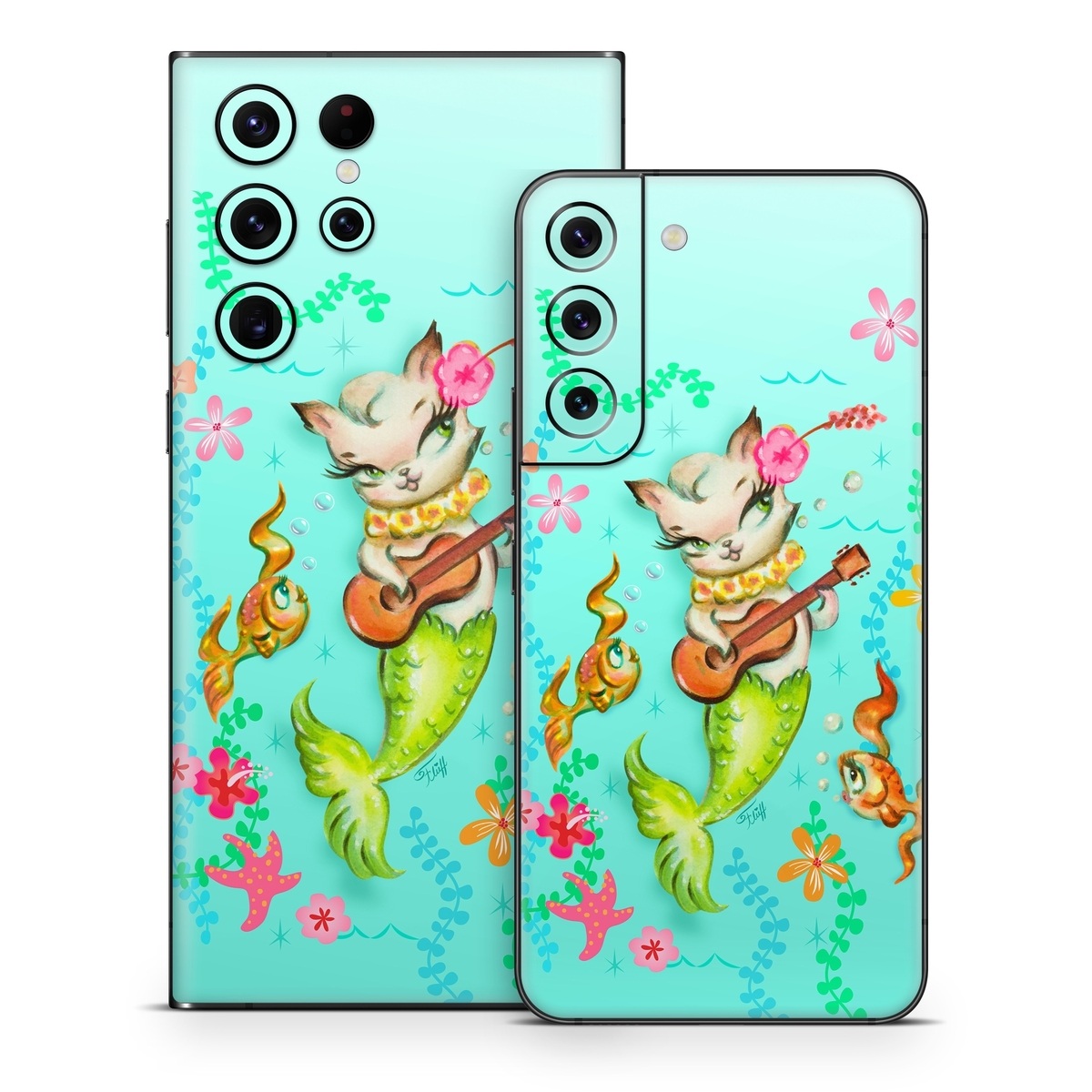 Samsung Galaxy S22 Series Skin design of Fictional character, Illustration, Mermaid, Mythical creature, Clip art, Art, with blue, green, pink, yellow, orange, white, gray, brown colors