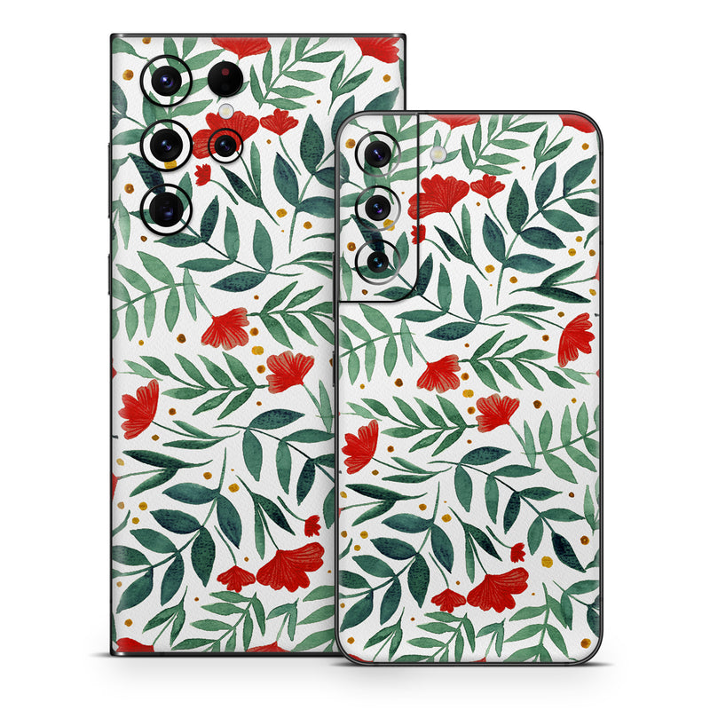 Samsung Galaxy S22 Series Skin design of Flower, Plant, Textile, Line, Petal, Pattern, Flowering plant, Pedicel, Creative arts, Rectangle, with red, green, orange, white colors
