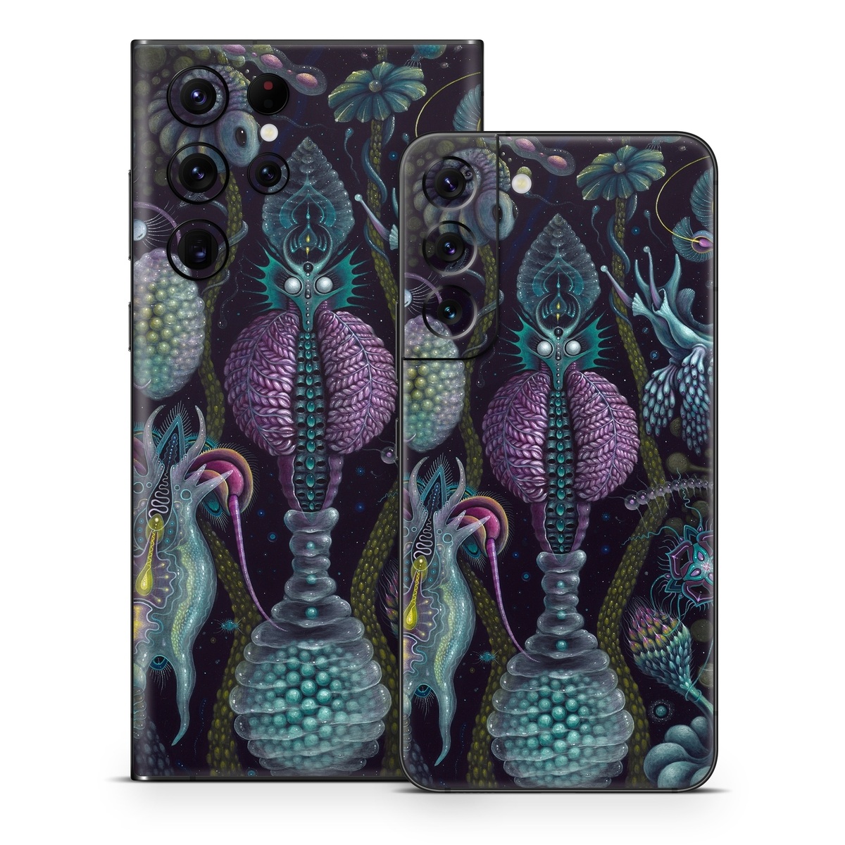 Samsung Galaxy S22 Series Skin design of Organism, Pattern, Art, Illustration, Fractal art, Psychedelic art, Design, Visual arts, Plant, Modern art, with black, green, purple, pink, yellow, blue colors