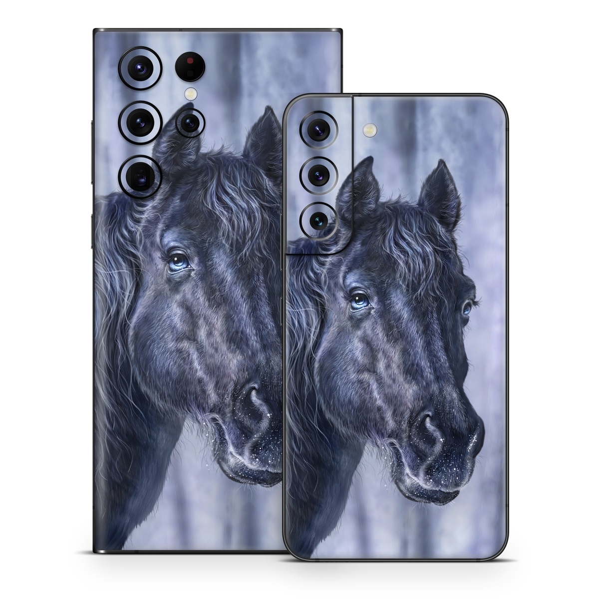 Samsung Galaxy S22 Series Skin design of Horse, Mammal, Vertebrate, Hair, Mane, Stallion, Snout, Mare, Mustang horse, Livestock, with black, white, blue colors