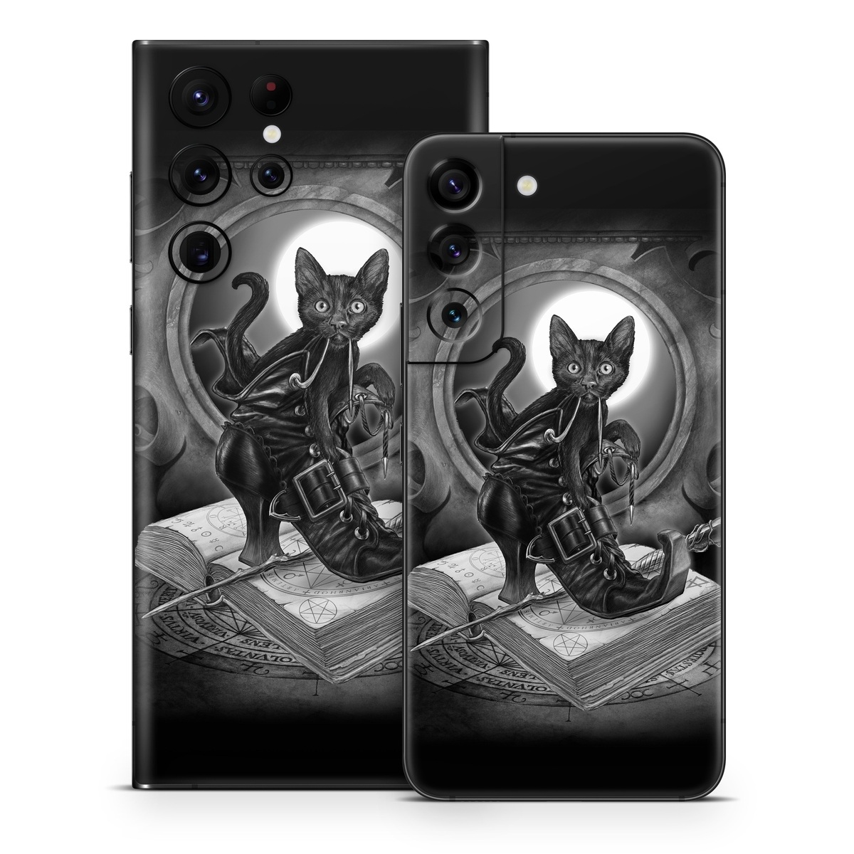 Samsung Galaxy S22 Series Skin design of Cat, Boot, Book, Wand, Shoelace, Mirror, with black, white, gray colors