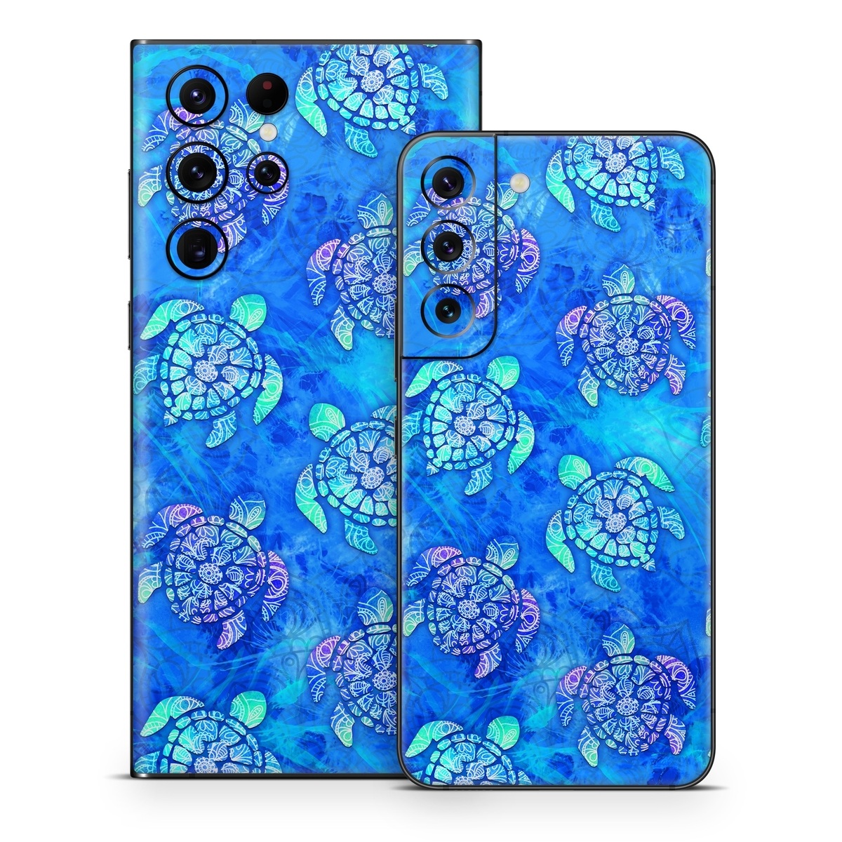 Samsung Galaxy S22 Series Skin design of Blue, Pattern, Organism, Design, Sea turtle, Plant, Electric blue, Hydrangea, Flower, Symmetry, with blue, green, purple colors