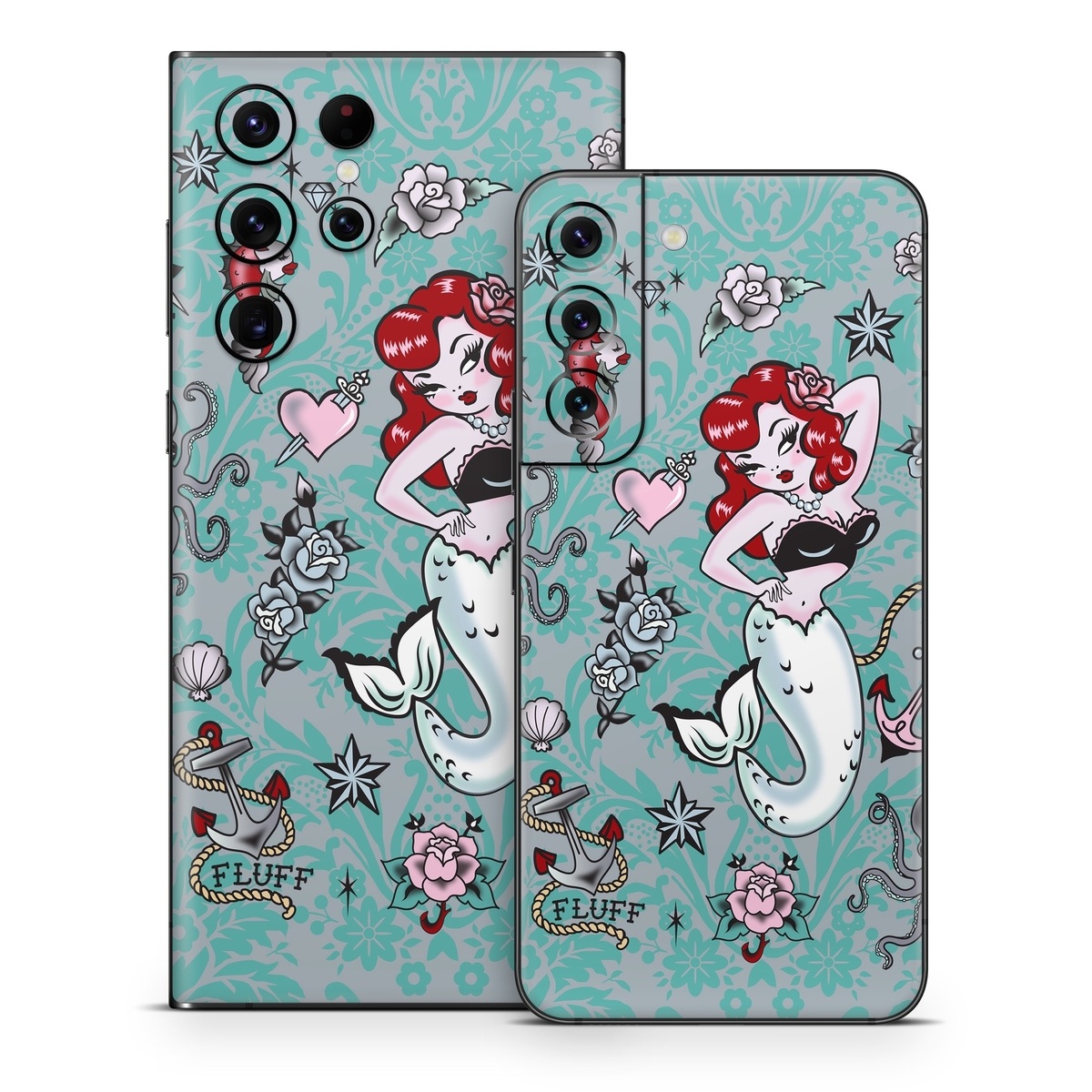 Samsung Galaxy S22 Series Skin design of Mermaid, Illustration, Fictional character, Organism, Art, Pattern, Style, with gray, blue, black, red, white, pink colors