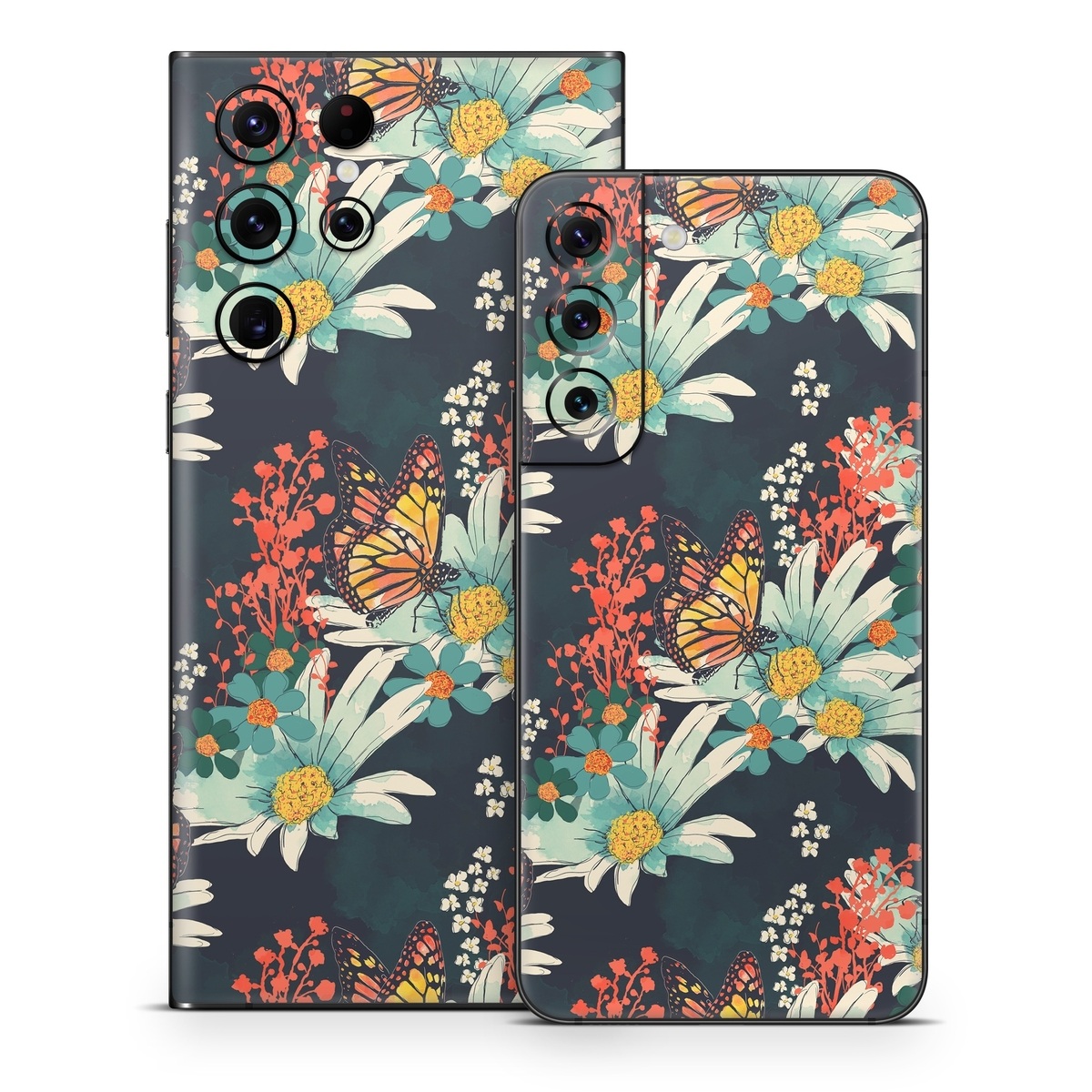 Samsung Galaxy S22 Series Skin design of Floral design, Pattern, Flower, Floristry, Textile, Botany, Plant, Visual arts, Design, Flower Arranging, with black, gray, green, red, blue, pink colors