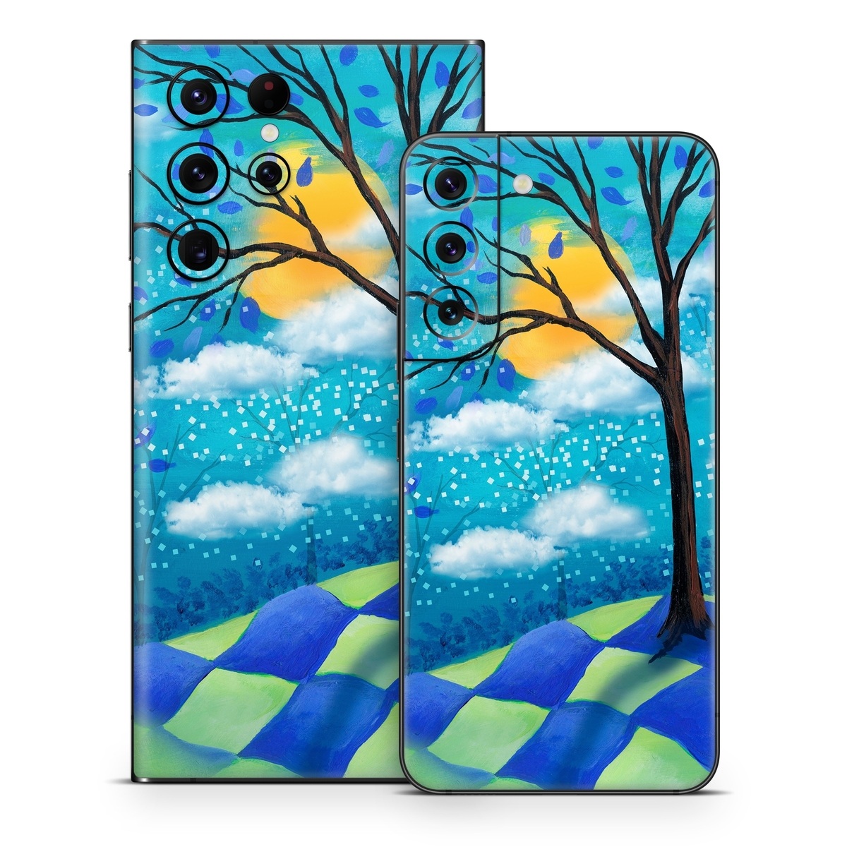 Samsung Galaxy S22 Series Skin design of Natural landscape, Nature, Blue, Tree, Sky, Branch, Spring, Woody plant, Plant, Leaf, with blue, gray, black, purple, green colors