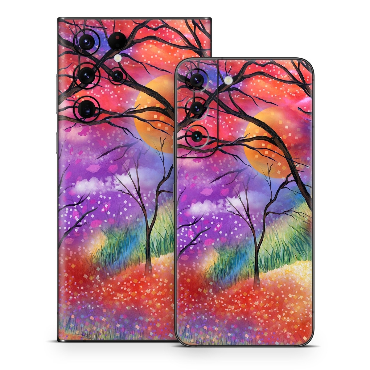 Samsung Galaxy S22 Series Skin design of Nature, Tree, Natural landscape, Painting, Watercolor paint, Branch, Acrylic paint, Purple, Modern art, Leaf, with red, purple, black, gray, green, blue colors