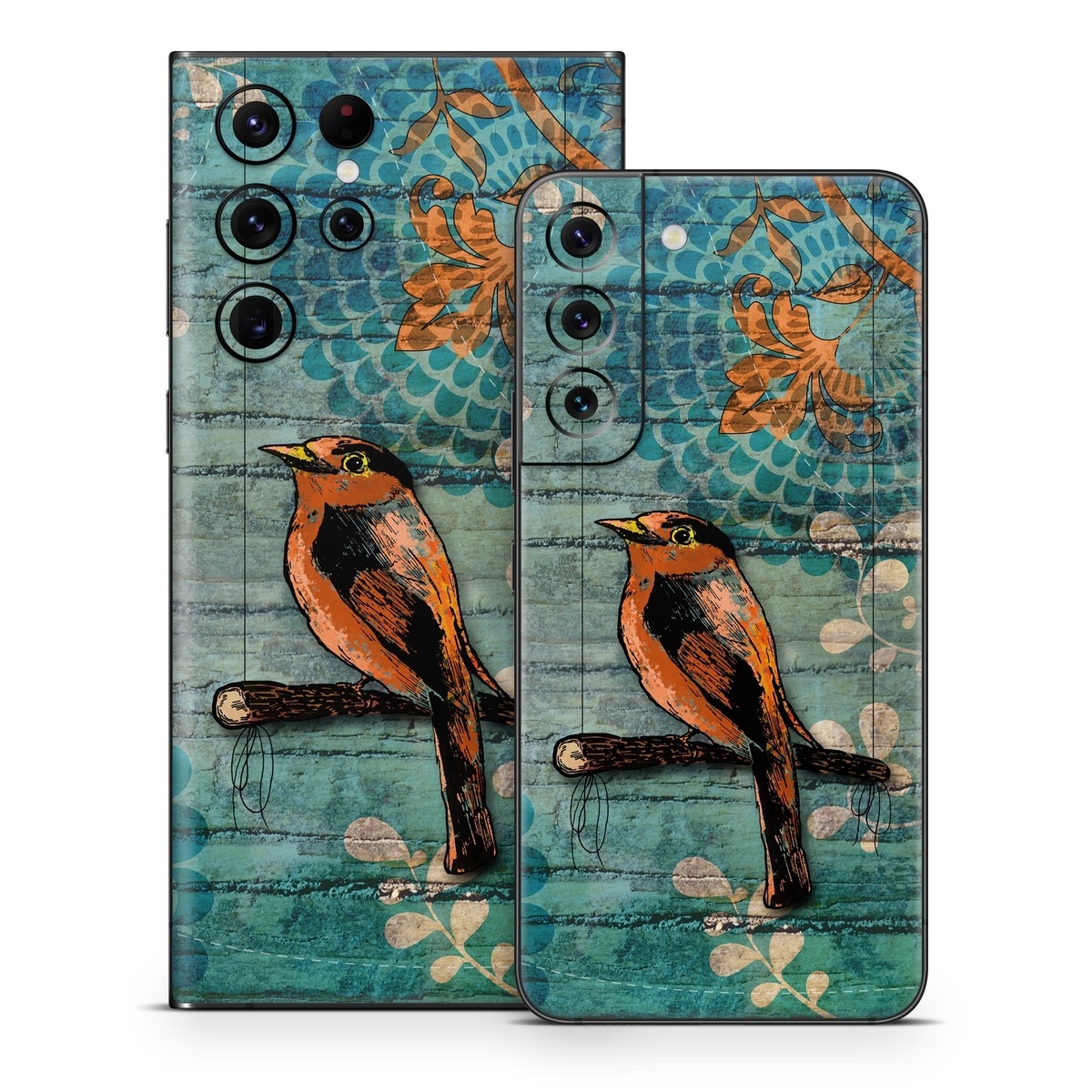 Samsung Galaxy S22 Series Skin design of Bird, Turquoise, Painting, Art, Coraciiformes, Branch, Beak, Wildlife, Perching bird, Illustration, with black, blue, gray, green, red colors