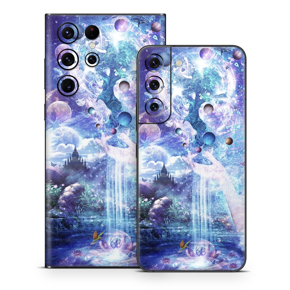 Samsung Galaxy S22 Series Skin design of Bird, Butterfly, Planets, Deer, Space, Purple, World, Astronomical Object, Cg Artwork, Illustration, Universe, Painting, Fictional Character, Outer Space, Astronomy, Science, Water Feature, Graphic Design, Graphics, Star, Mythology, with blue, purple, white, black, gray, green colors