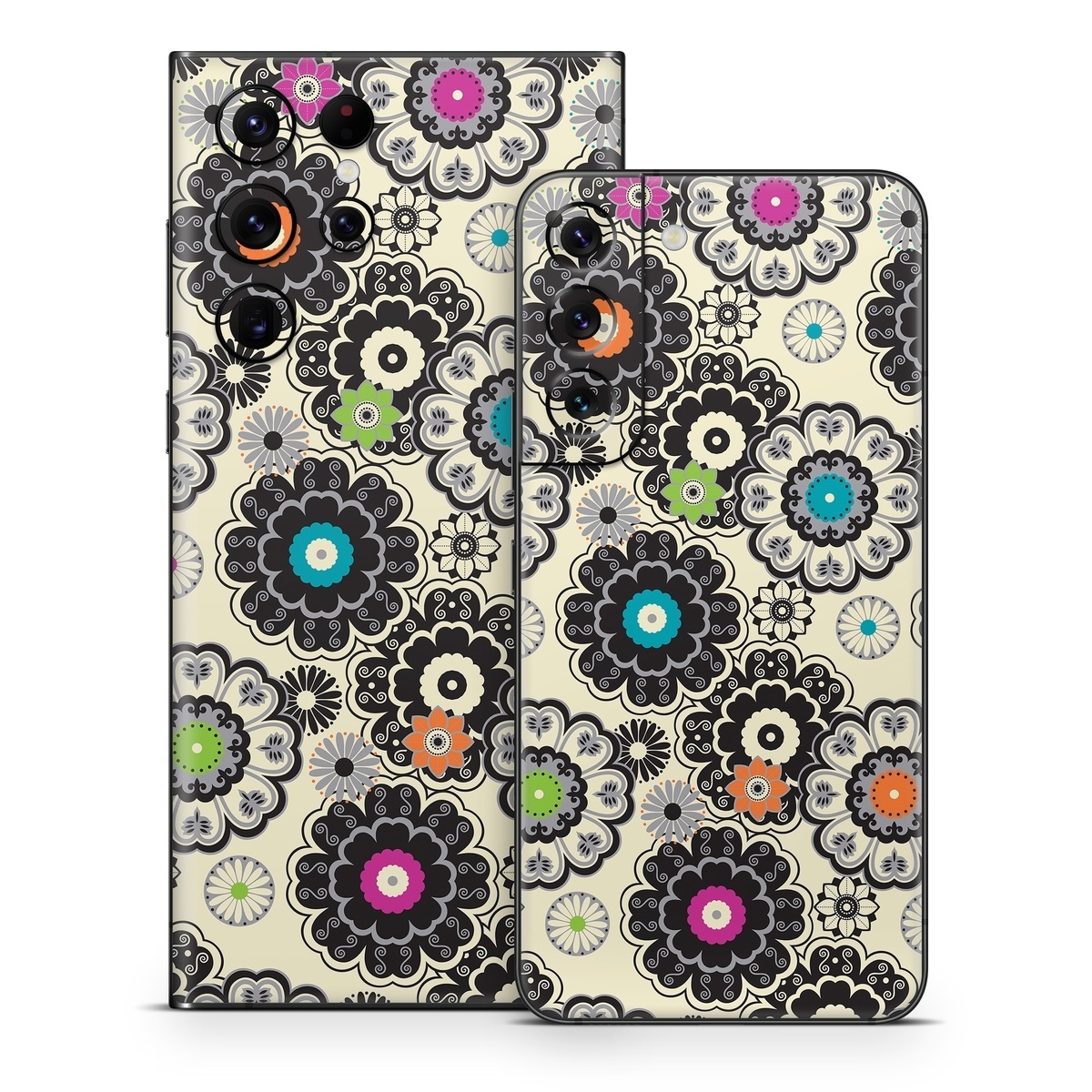 Samsung Galaxy S22 Series Skin design of Pattern, Circle, Design, Visual arts, Floral design, Textile, Psychedelic art, Art, Plant, with gray, black, pink, green, purple colors