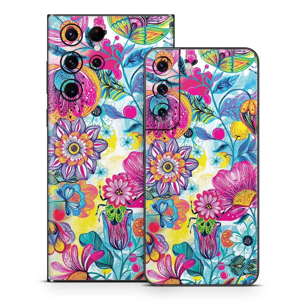 Samsung Galaxy S22 Series Skin design of Pattern, Floral design, Textile, Design, Flower, Wildflower, Visual arts, Plant, Wrapping paper, with blue, pink, purple, green, yellow, orange, white colors
