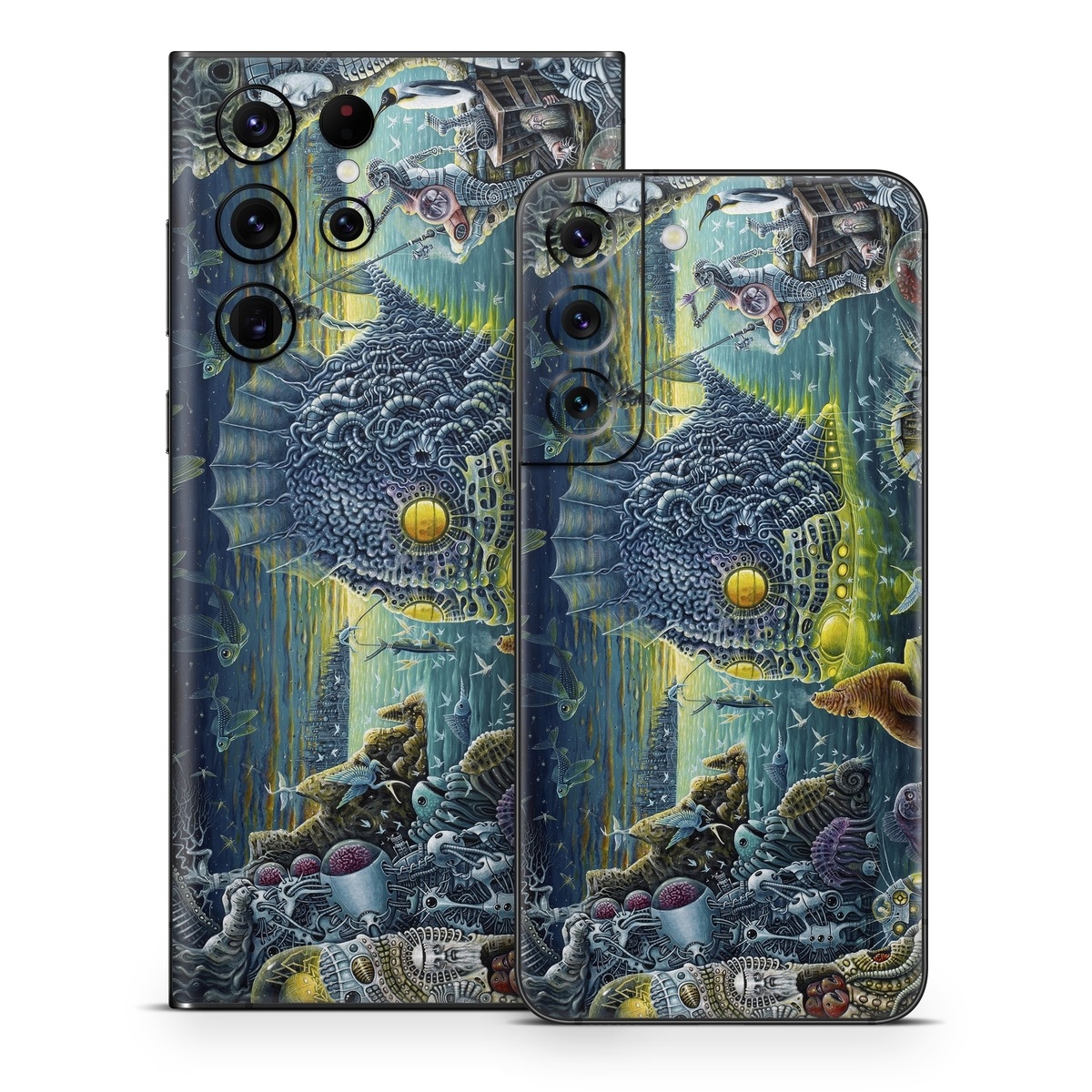 Samsung Galaxy S22 Series Skin design of Organism, Water, Illustration, Art, Painting, Cg artwork, Fiction, Fictional character, Marine biology, Mythology, with black, gray, blue, green colors
