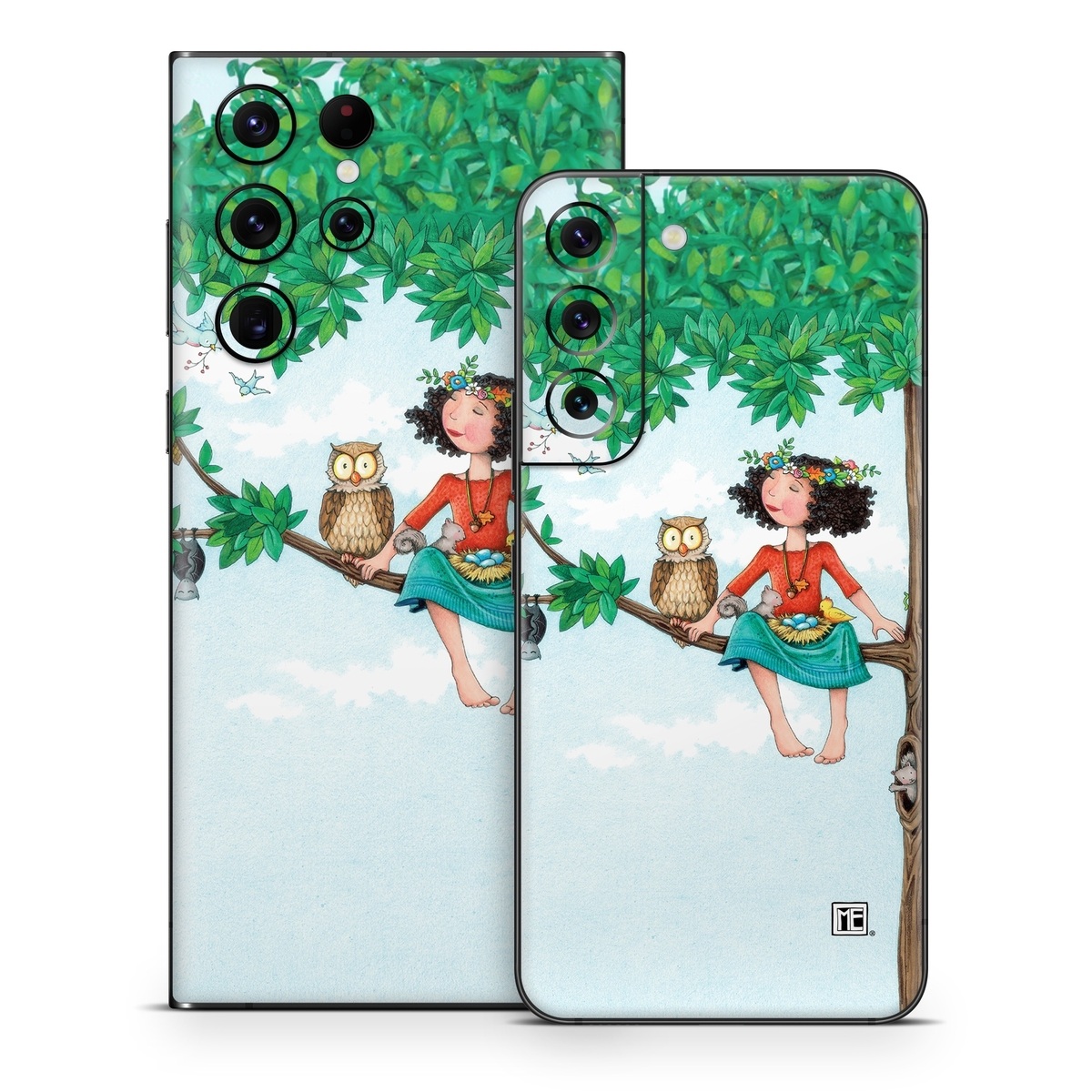Samsung Galaxy S22 Series Skin design of Cartoon, Illustration, Branch, Bird, Owl, Tree, Art, Plant, Clip art, Fictional character, with blue, gray, red, black, white, green colors