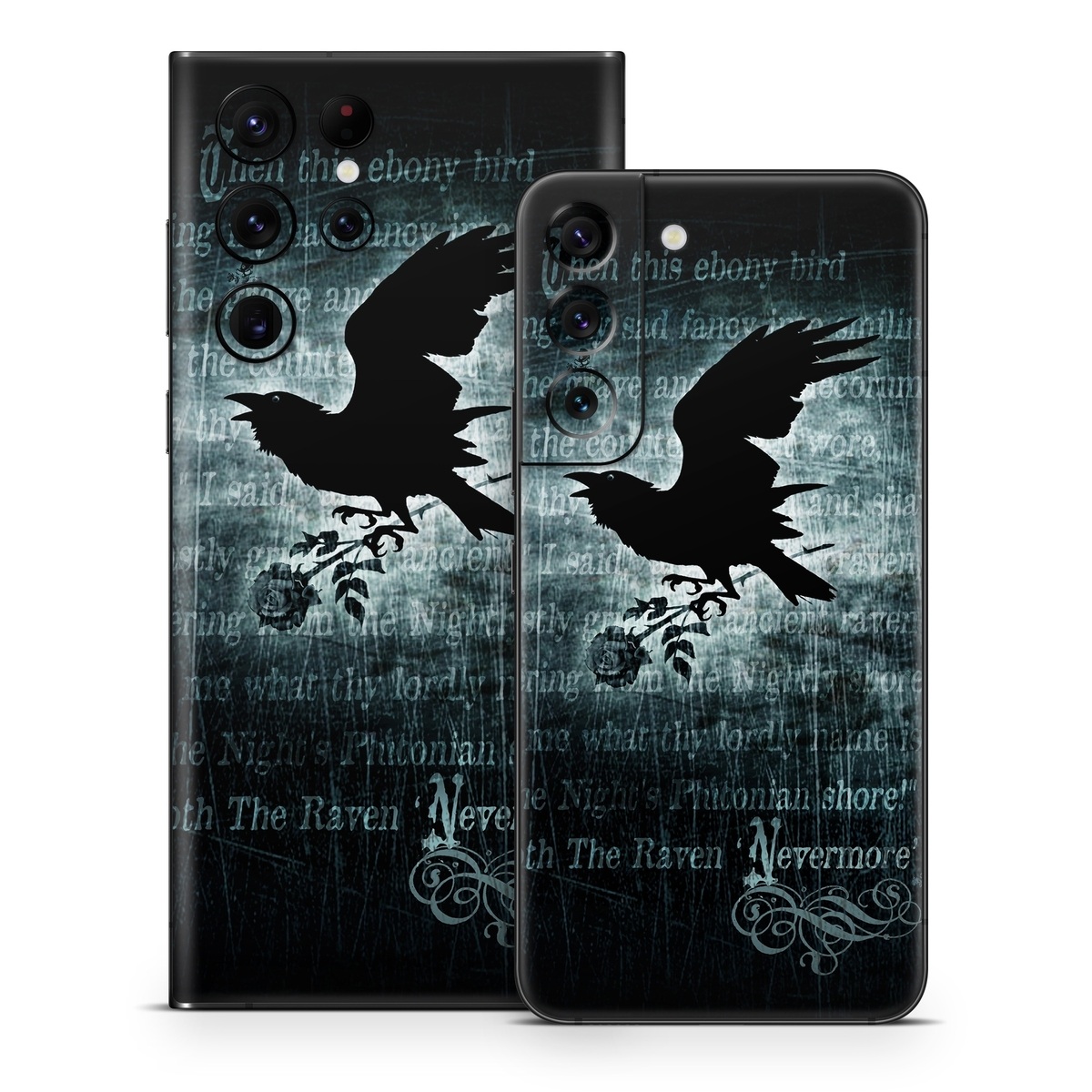 Samsung Galaxy S22 Series Skin design of Bird, Text, Wing, Graphic design, Darkness, Font, Illustration, Graphics, with black, white, blue colors