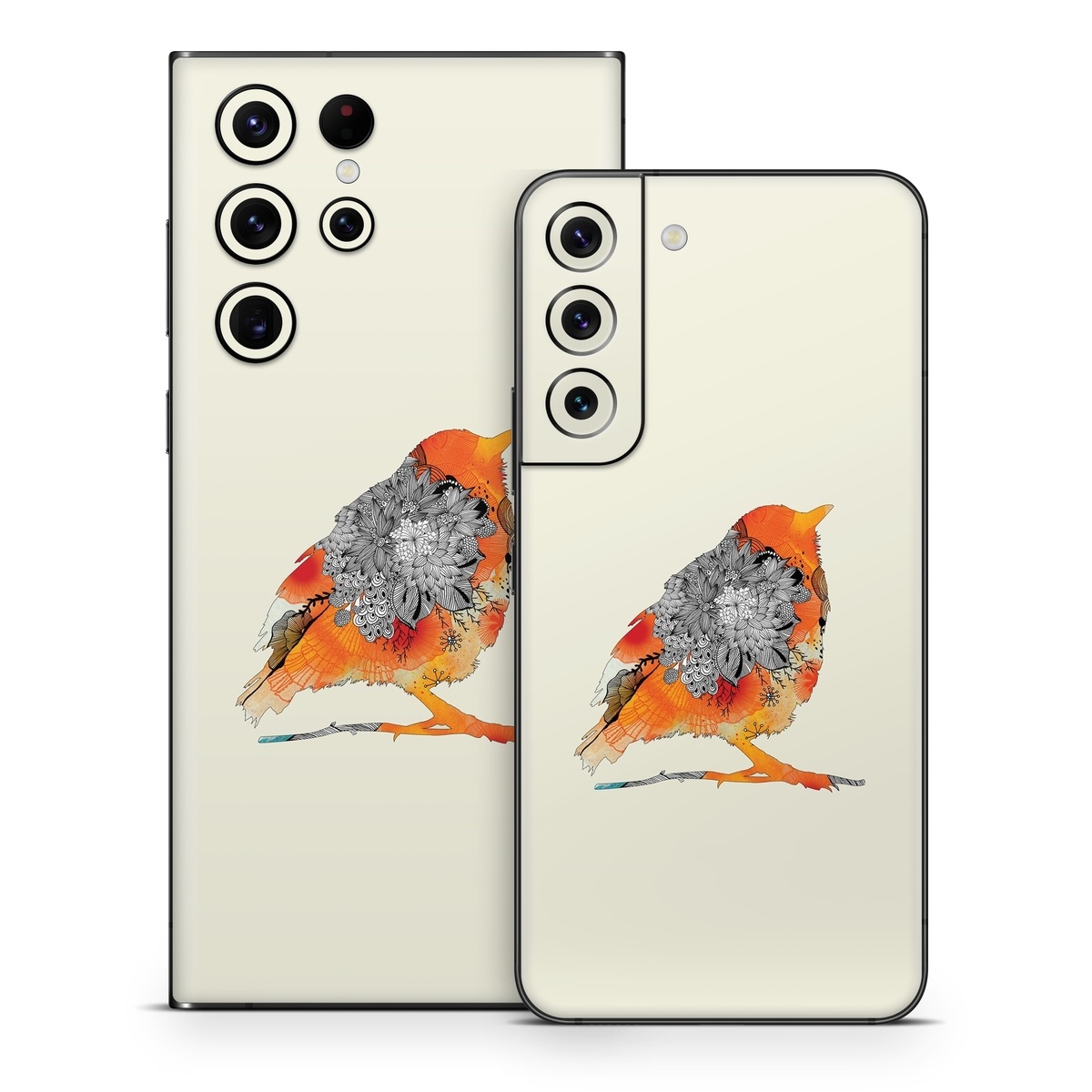 Samsung Galaxy S22 Series Skin design of European robin, Orange, Bird, Illustration, Old World flycatcher, Drawing, Songbird, Perching bird, robin, Sketch, with gray, yellow, green, red, black colors