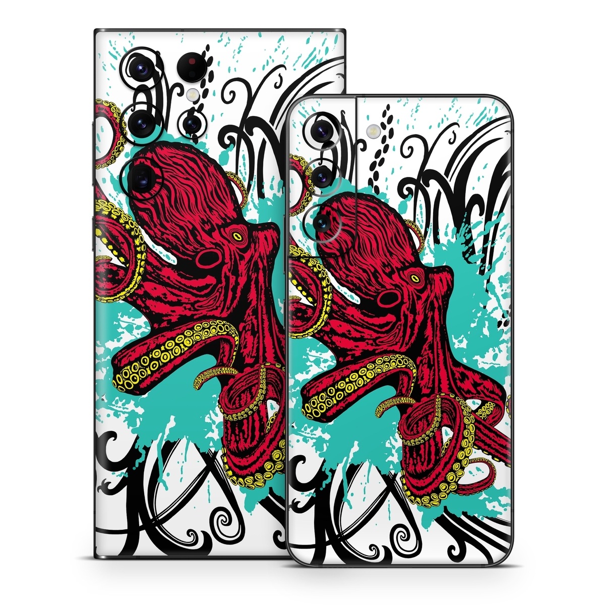Samsung Galaxy S22 Series Skin design of Graphic design, Illustration, Visual arts, Octopus, Design, Art, Fictional character, Pattern, Clip art, Line art, with black, white, gray, red, blue, green colors